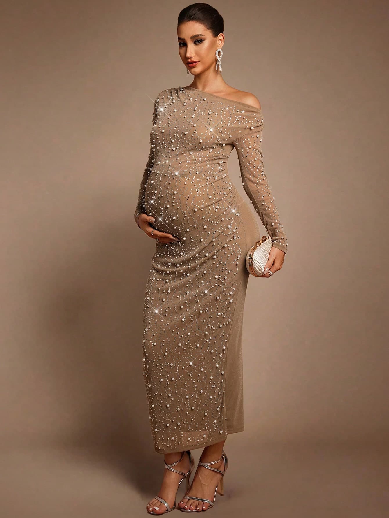 MaterniChic Asymmetric Neckline Sequin Patchwork Sleeveless Elegant Dress For Pregnant Women, Suitable For Party And Banquet Sexy Maternity Dress Sequin Dress