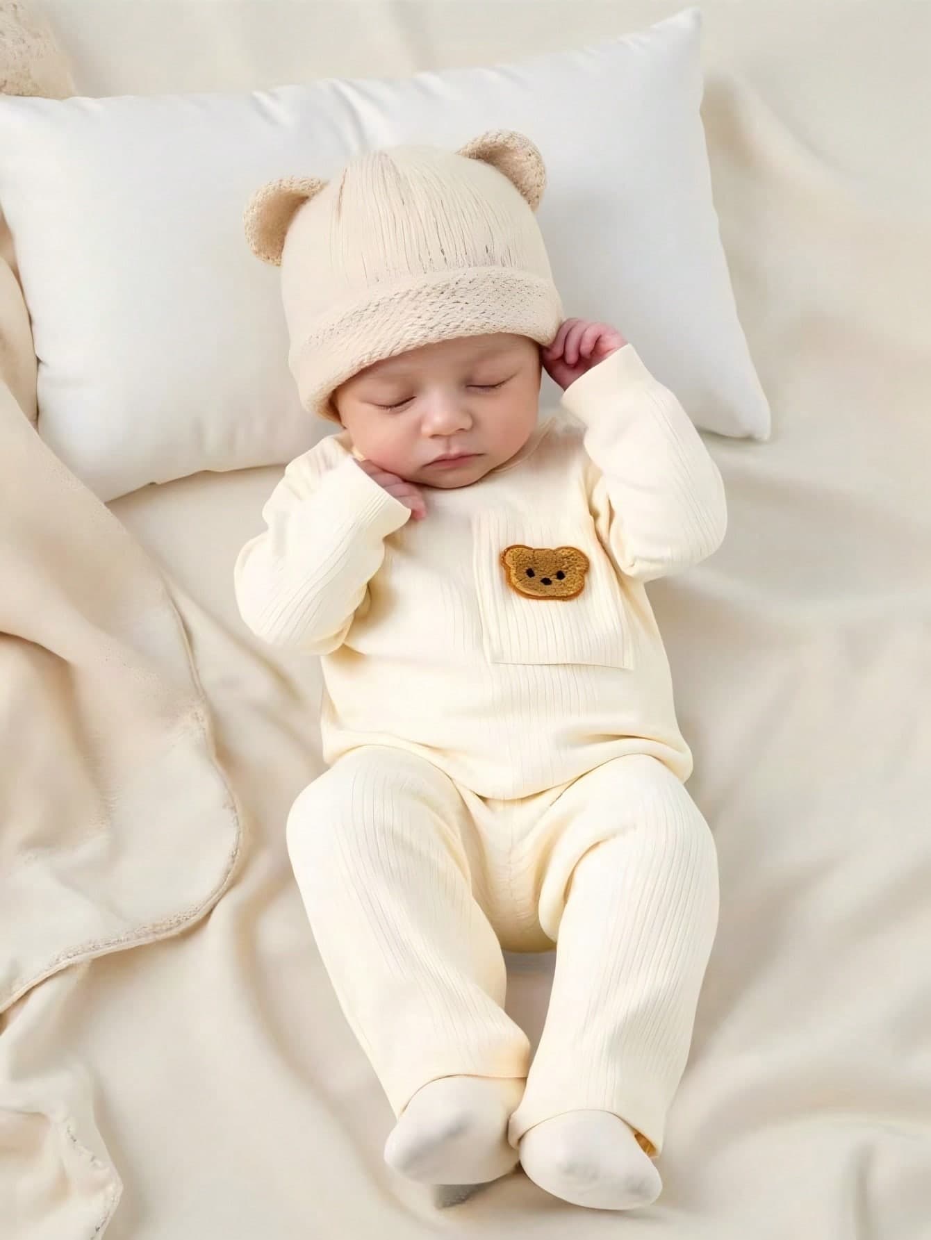 SHEIN Newborn Baby Boy Basic Outfit, Textured Fabric Bear Pattern Top With Pocket Design