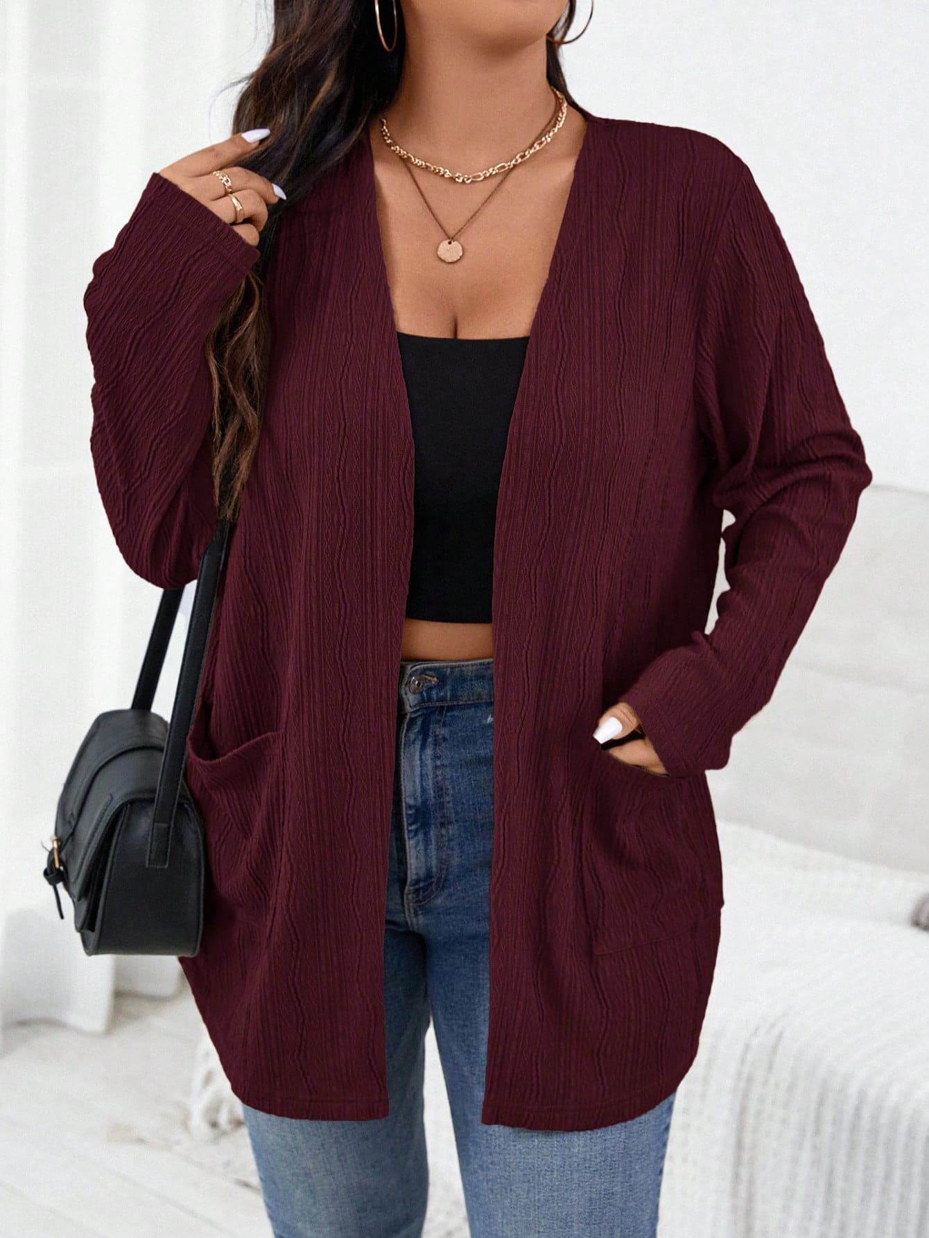 SHEIN Essnce Plus Size Women Casual Solid Color Dual Pocket Front Cardigan, Autumn/Winter Fall