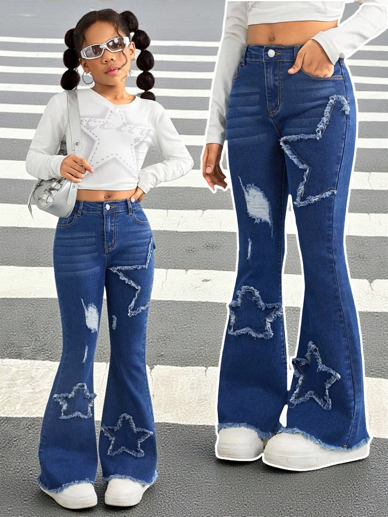 SHEIN Tween Girl Y2K Solid Washed Heart Star Pattern Distressed Flared Denim Flare Leg Jeans, Fall Back To School, Fall Autumn Winter,Back To School Homecoming Streetwear, Bell Bottom Jeans