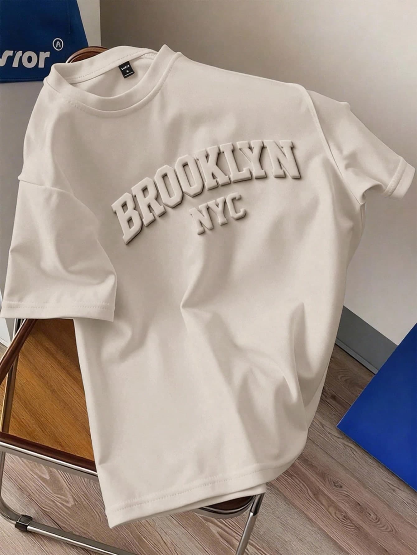 Manfinity Joysei Men's Modern Casual Khaki Brooklyn NYC Letter Pattern Short Sleeve Knitted Fabric Round Neck Regular Length T-Shirt With Drop Shoulder