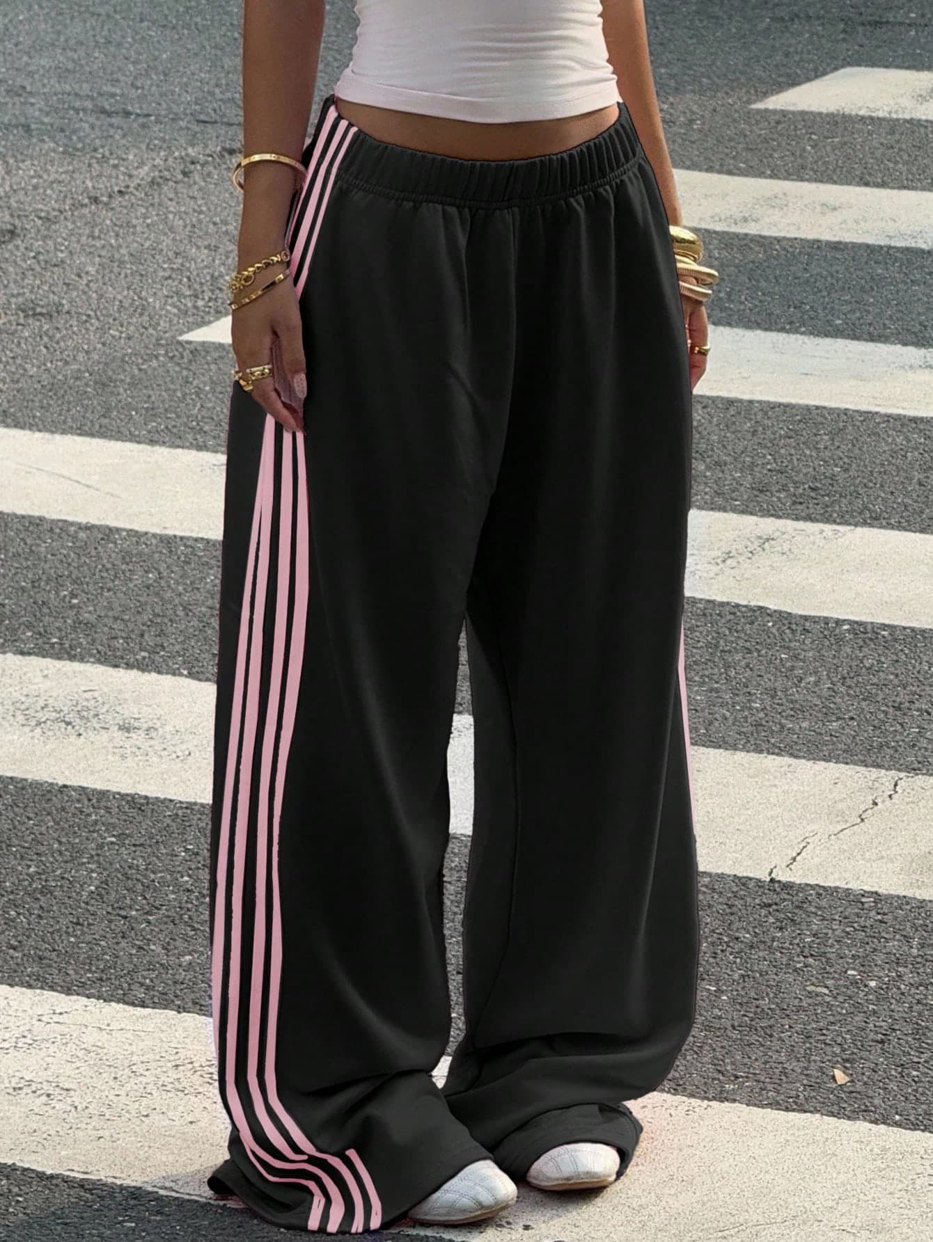 Muchica Women's Extra Long Black Sweatpants With Pink Stripe Side Detail,Knitted Fabric Wide Leg Oversized Pants,Y2k Streetwear,Winter Athleisure Workout