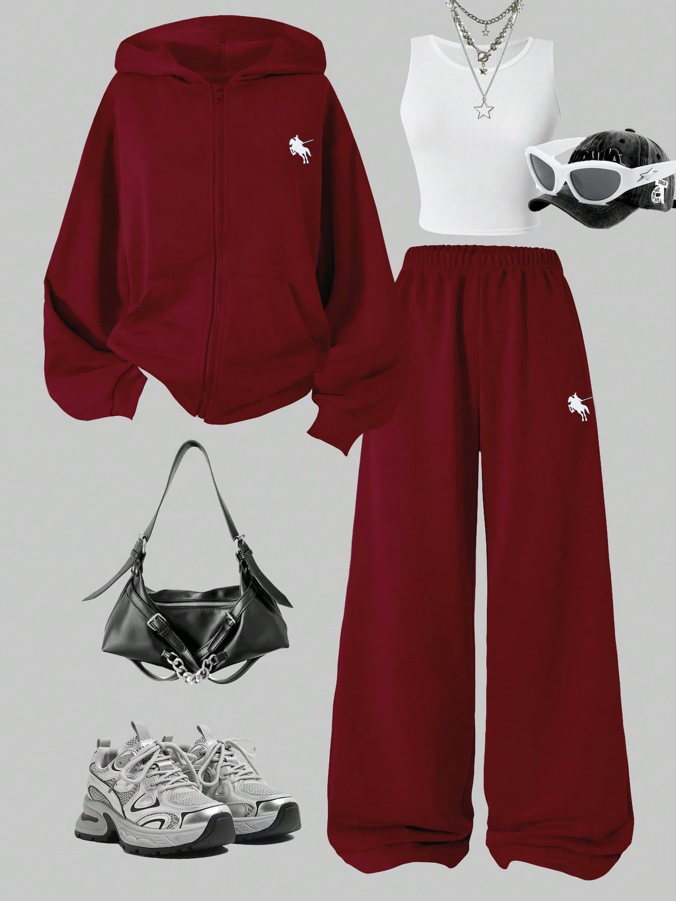 SHEIN 3pcs/Set Teen GirlCasual Outfit, Including Hooded Zip-Up Sweatshirt With Horse Print, White Tank Top, And Elastic Waist Straight Leg Pants, Autumn