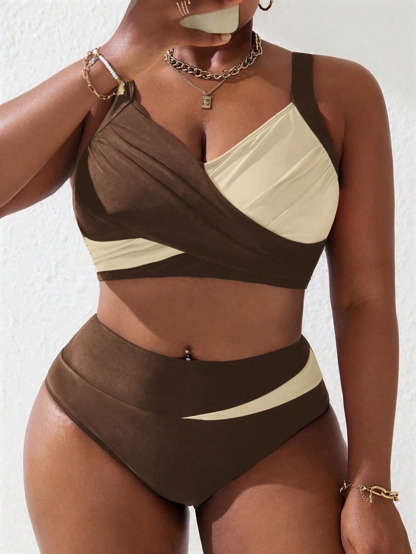 Slaydiva Plus Size Women 2pcs Black & Pink Patchwork Ruched Tankini Swimwear Set, Summer Beach Holiday