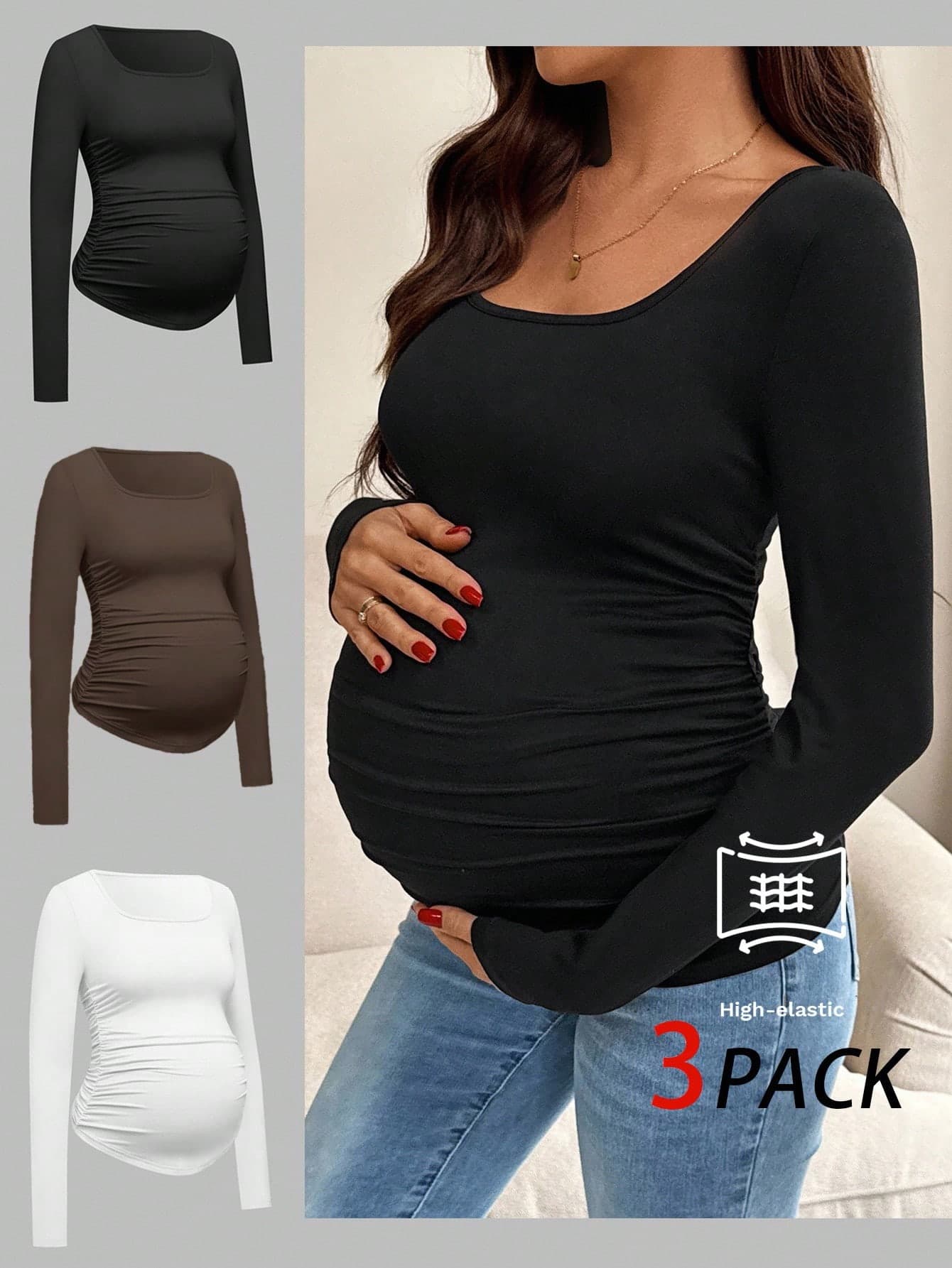 SHEIN Maternity Casual Solid Color Ruched Fitted T-Shirt, Autumn Fall