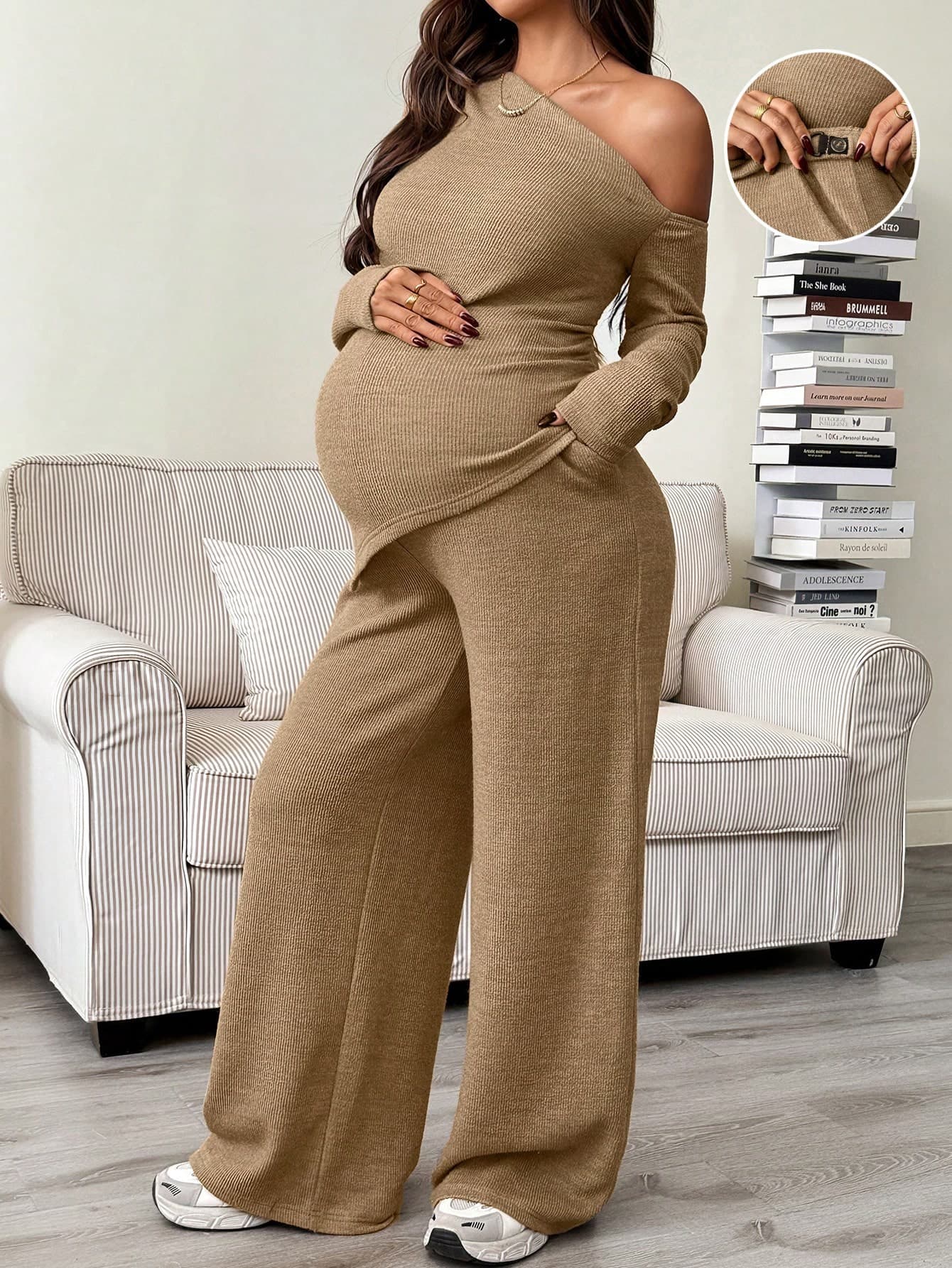 SHEIN Autumn And Winter 2pcs Maternity Casual Asymmetric Hem Top And Pants Set,White Autumn Casual Maternity Clothes Pregnancy Two Piece Suits