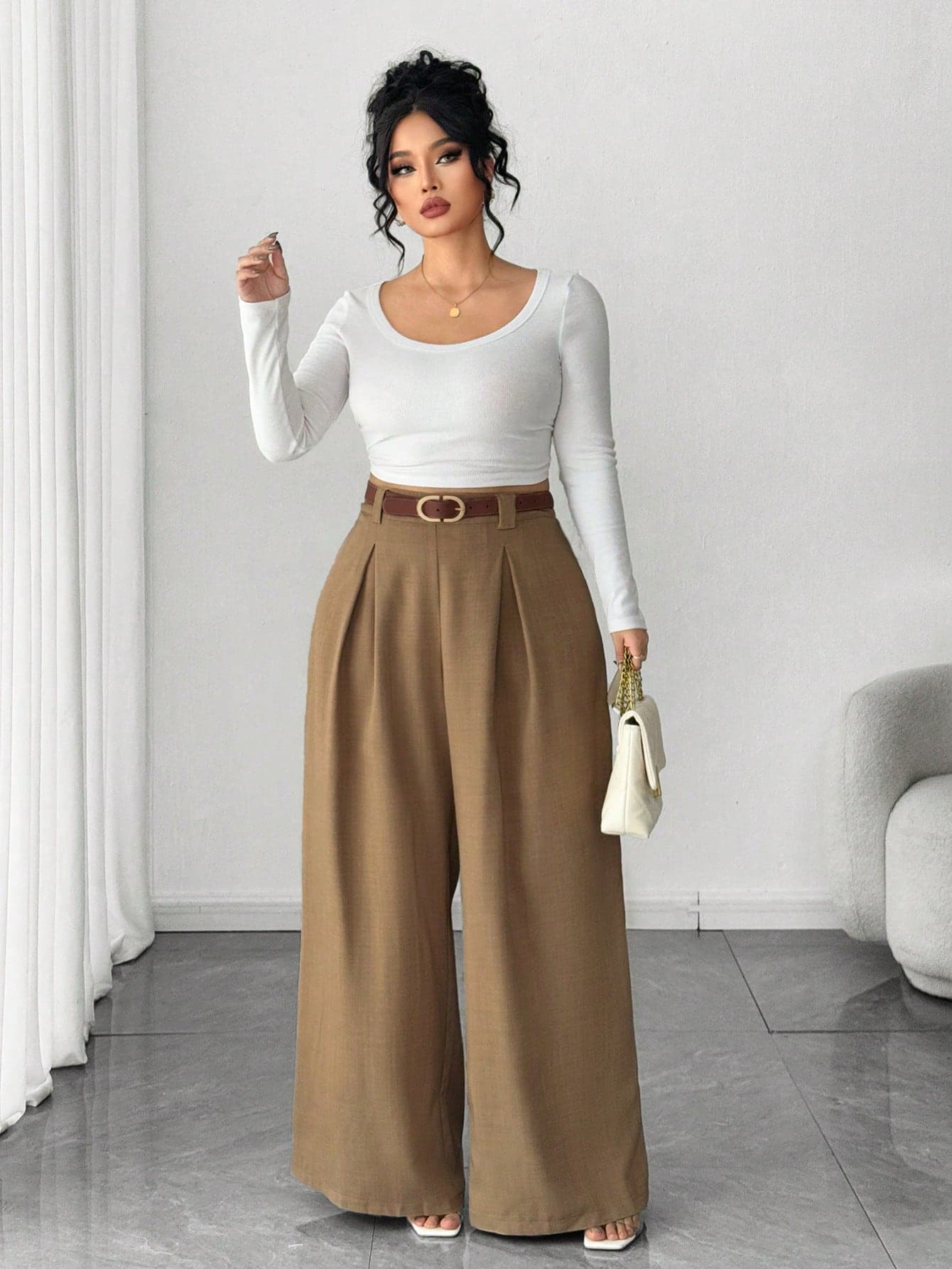 Elenzga Plus Size Women's Wide Leg Pants, Solid Apricot Color, Elegant Style, Fashionable For Commuting And Office Wear Fall