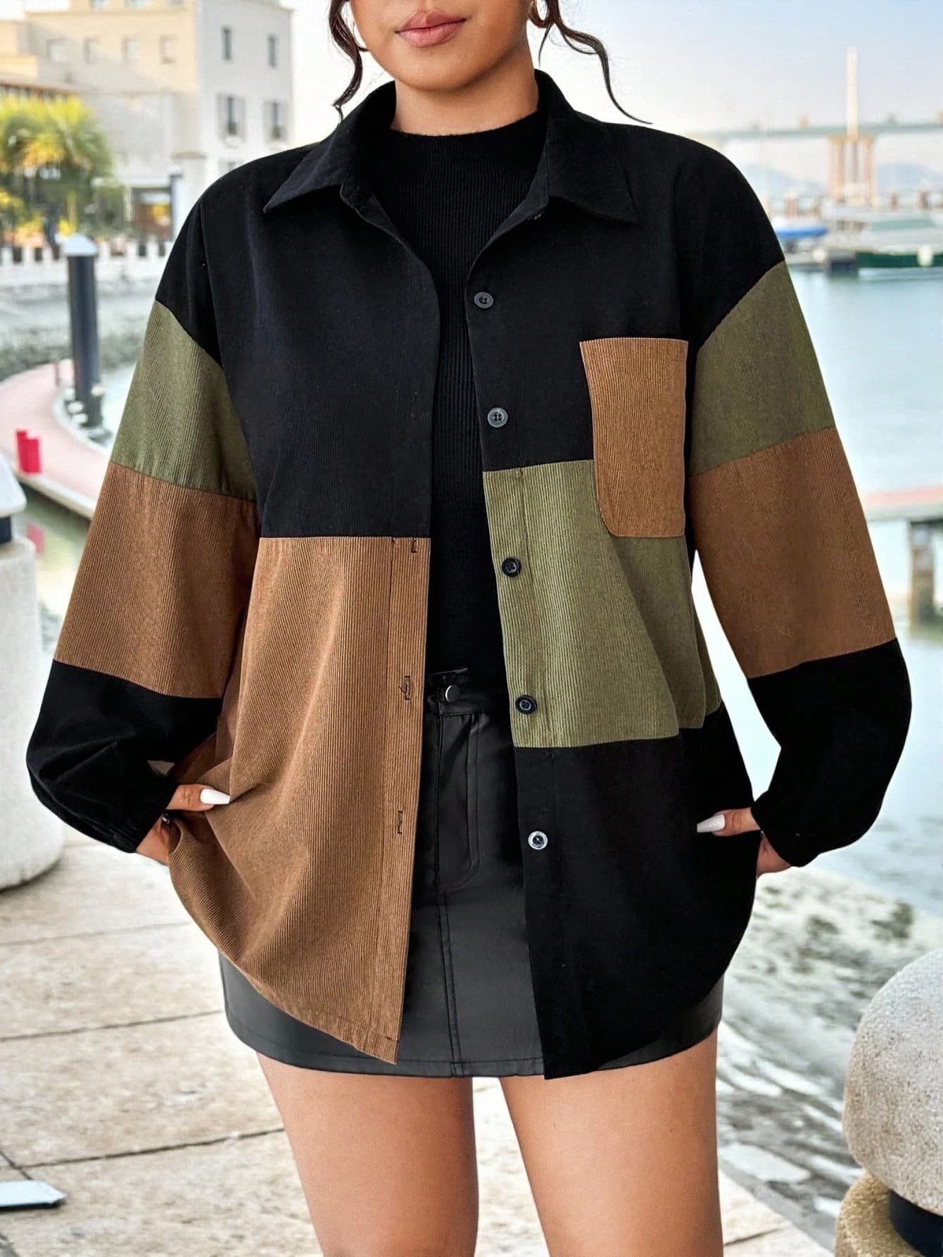 EMERY ROSE Plus Size Women's Fashionable Colorblock Long Sleeve Jacket, Suitable For Outdoor Wear In Autumn/Winter Checkered Corduroy Jacket Fall