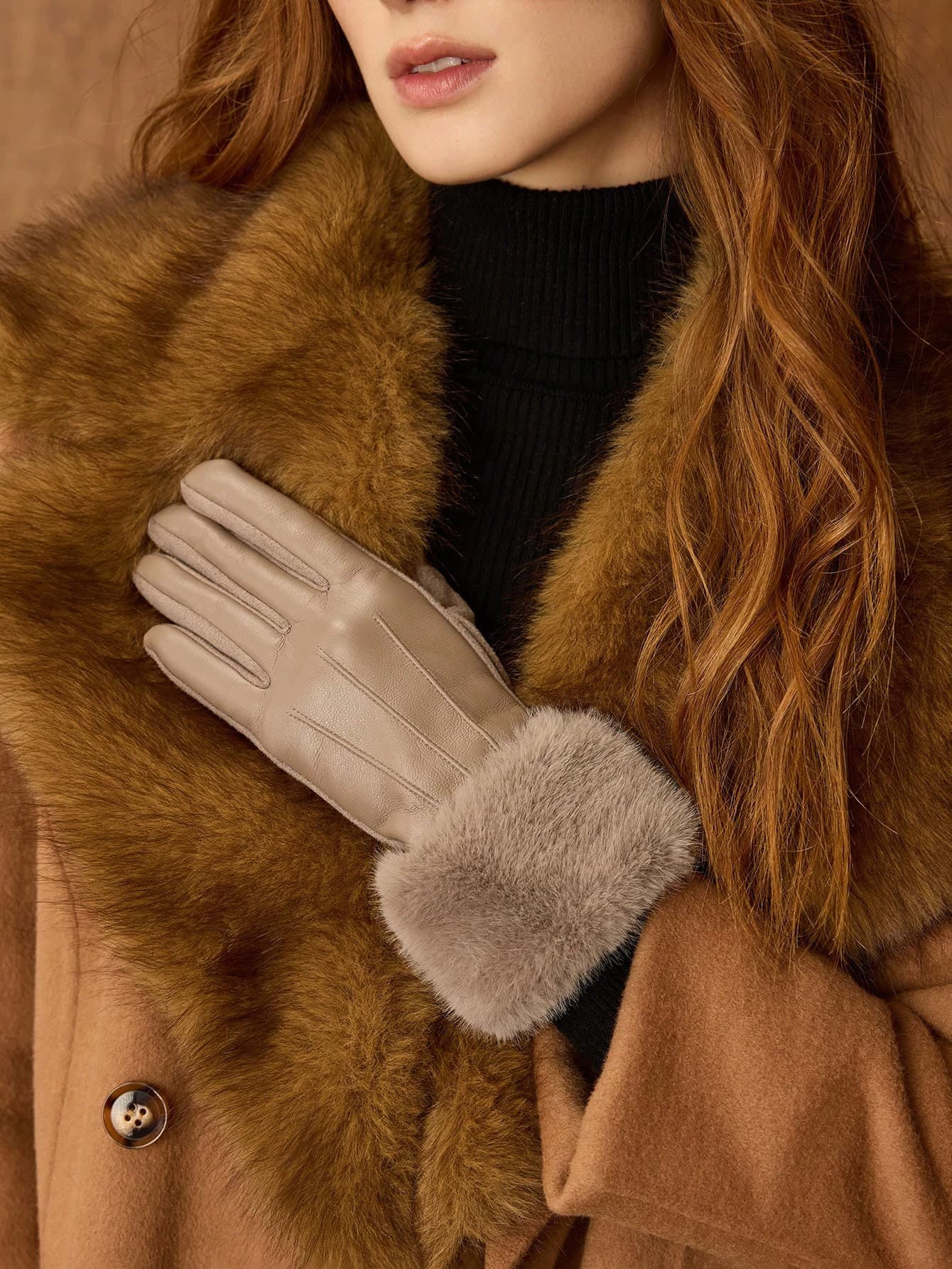 Khaki Thickened Warm Five-Finger Leather Gloves, Autumn/Winter