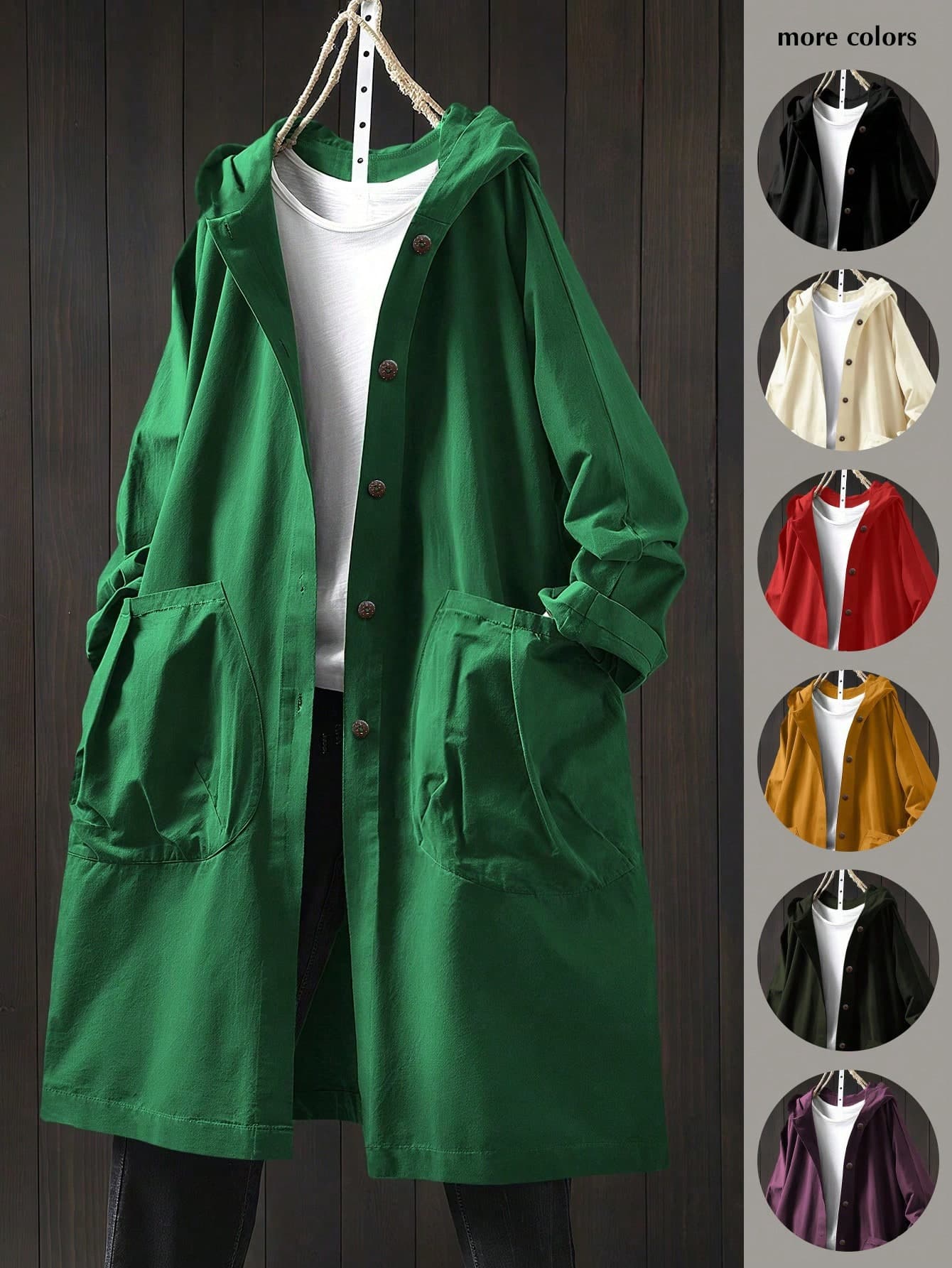 EMERY ROSE Plus Size Casual Hooded Long Jacket With Large Pockets Fall
