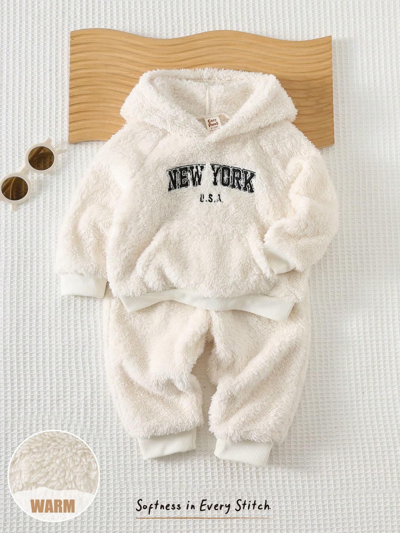 Cozy Pixies 2pcs Baby Boy White Autumn Graphic Modest Page Boy Back-To-School Soft Knit Sweatshirt & Elastic Waist Pants,New York Embroidery Plush Winter Outfit
