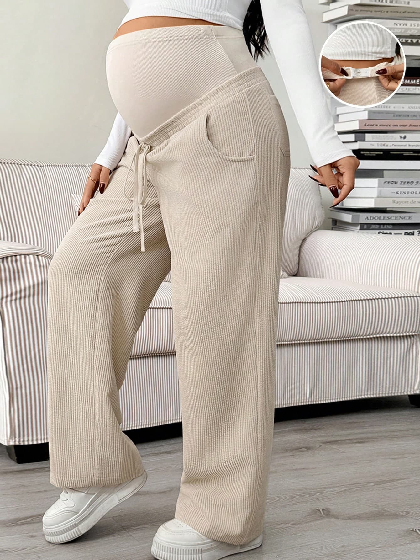 SHEIN Autumn And Winter Adjustable Waist Pocket Loose Casual Pants For Pregnant Women Comfy Pants Pregnant Pregnancy Maternity Pants Pregnancy Pants