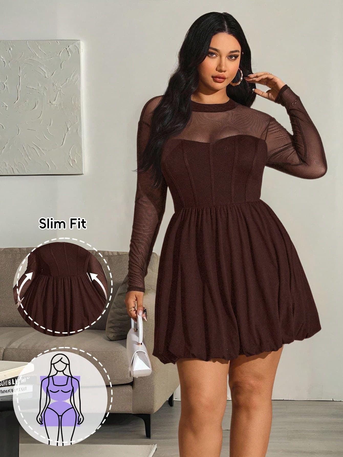Hourglow Plus Size Women's Solid Color Round Neck Long Sleeve Mesh Fashion Dress, Autumn/Winter, For Hourglass Body Shape