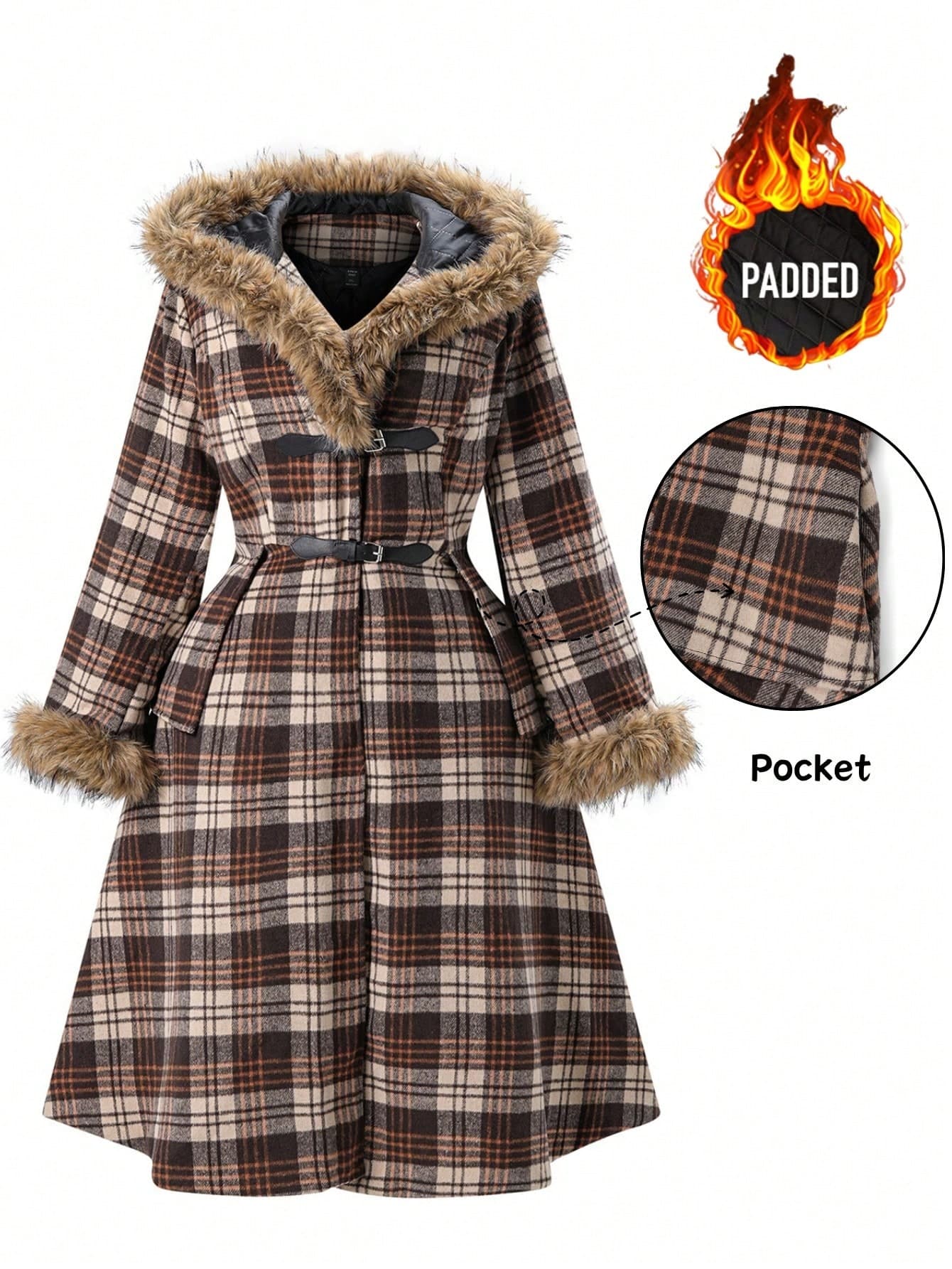 EMERY ROSE Plus Size Hooded Plaid Long Sleeve Padded Coat