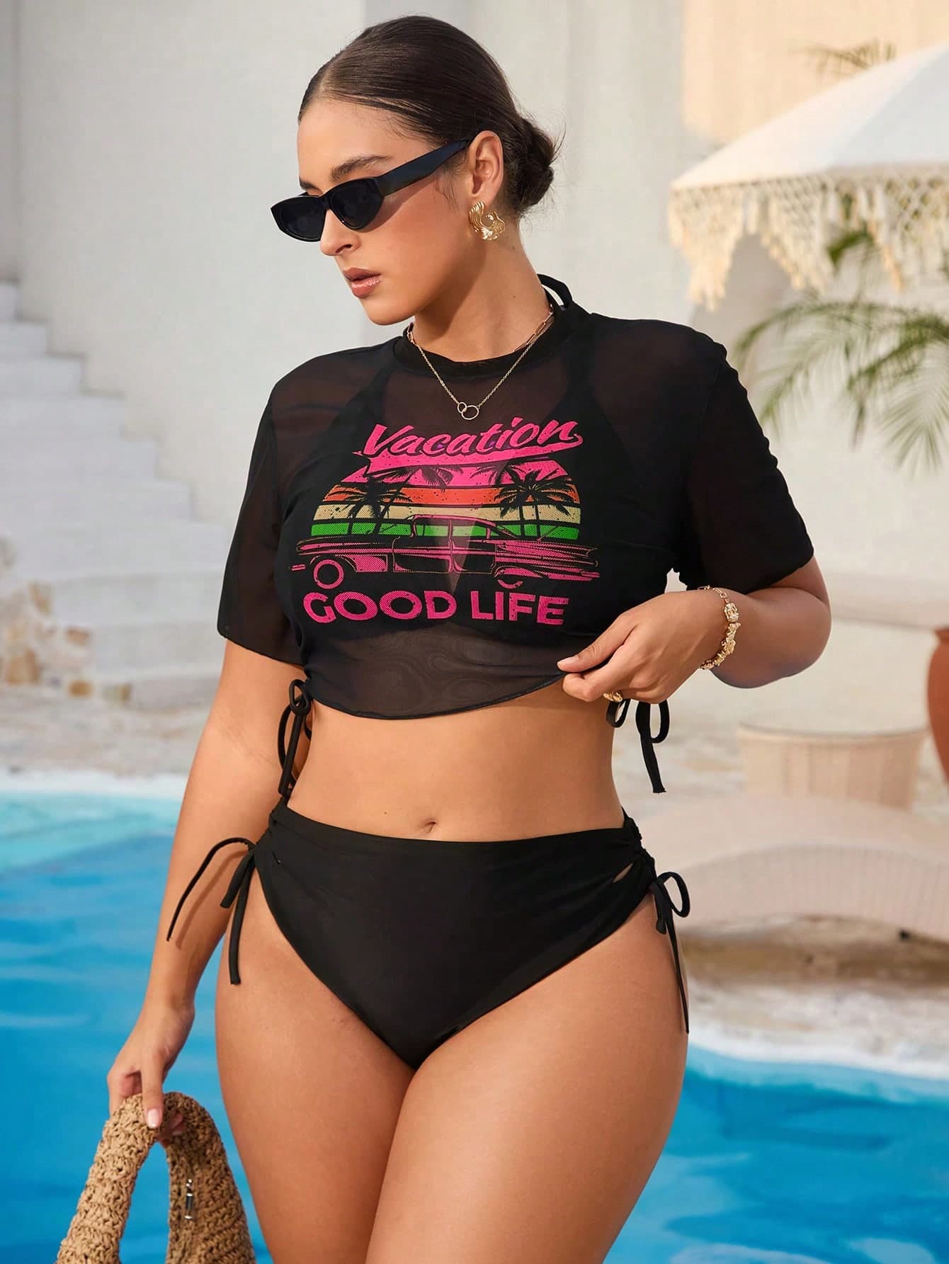 Swim Vcay Plus Size Women 3-Piece Black White Cover-Up Set With Ladies Camisole Bikini Swimwear, Beach Vacation Holiday Casual Fashion Summer