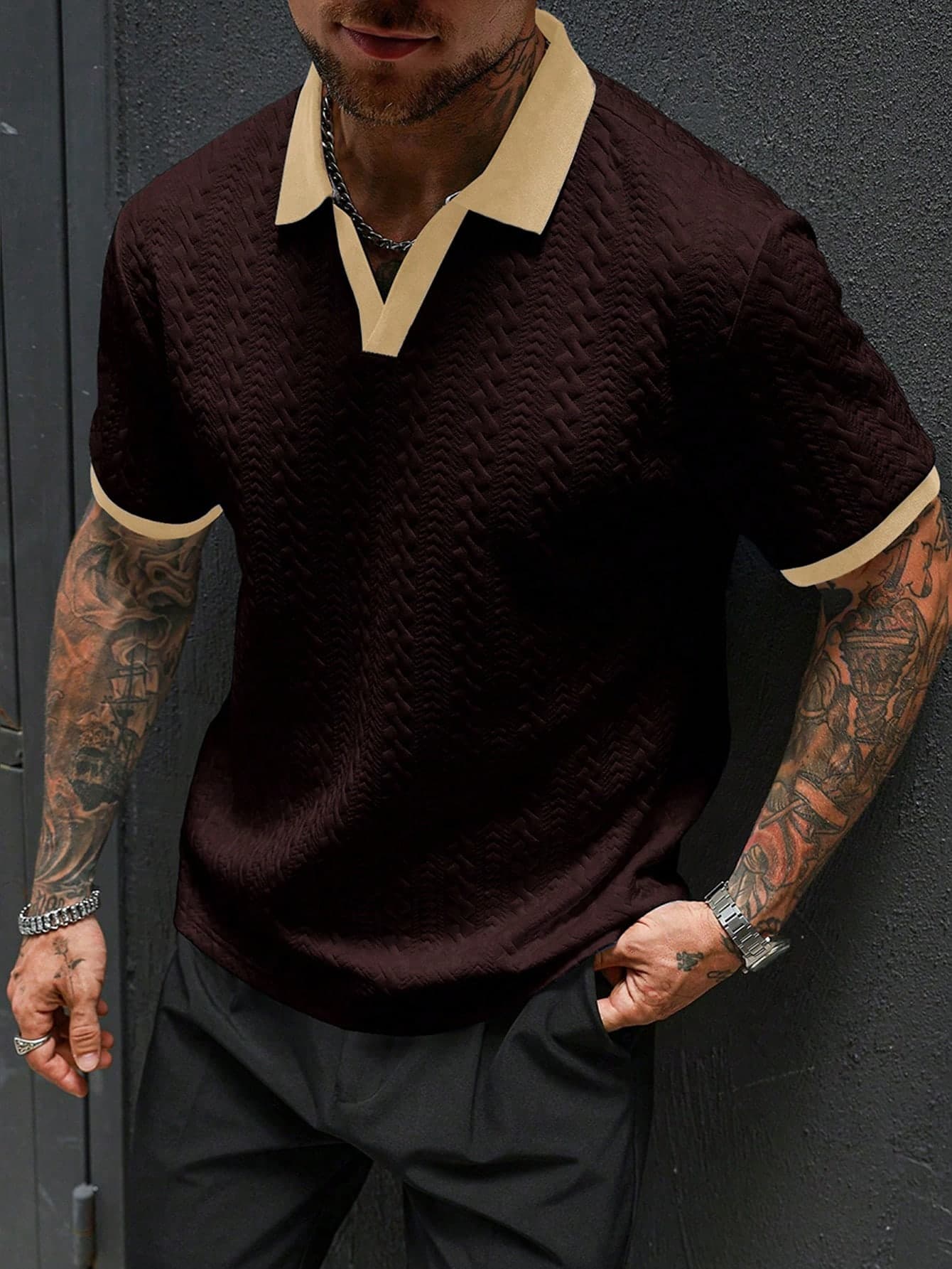 Manfinity Homme Men's Casual Colorblock Short Sleeve Polo Shirt,Dark Brown Summer Knit Polo For City Break,Buttoned Knitted Burgundy Men Shirt,College Style Gift