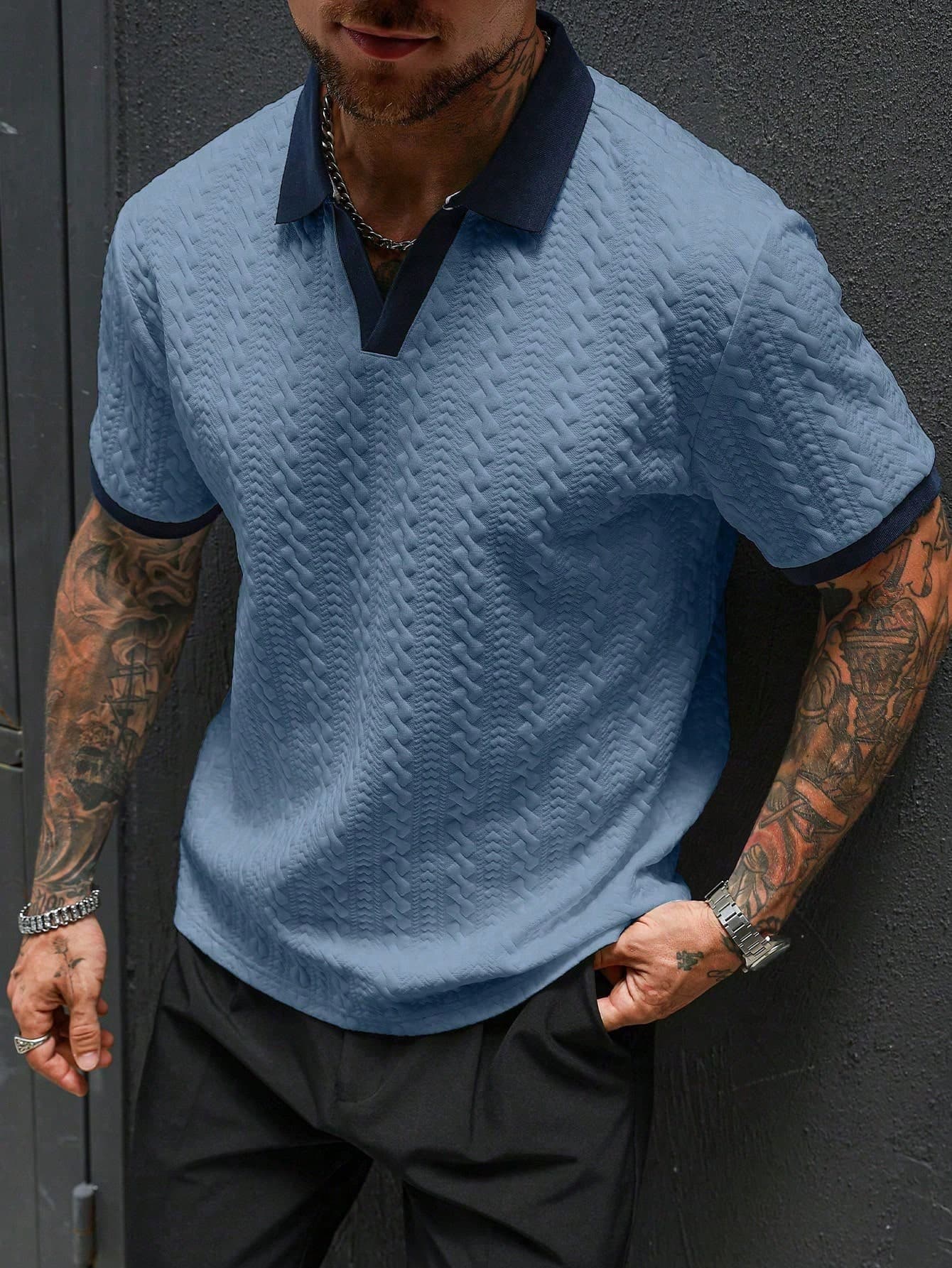Manfinity CasualCool Men's Contrast Trim Knitted Polo Shirt,Navy Blue Textured Short Sleeve Top,Summer Casual Dates College Style Patterned Buttoned Knit Polo For Men, Formal