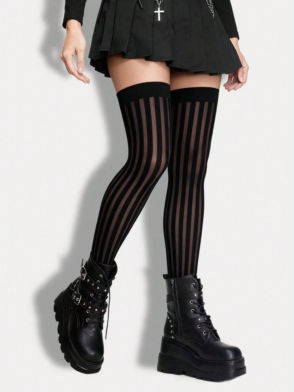 ROMWE Goth 1 Pair High Elasticity Black Thigh High Socks For Women