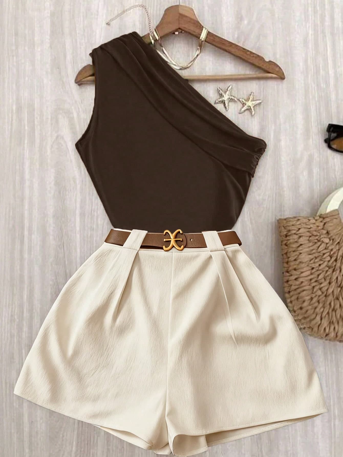 Roelina Casual Chic Commuting High Elasticity Solid Brown Pleated Shoulder Top And White Elastic Waist Pants Set