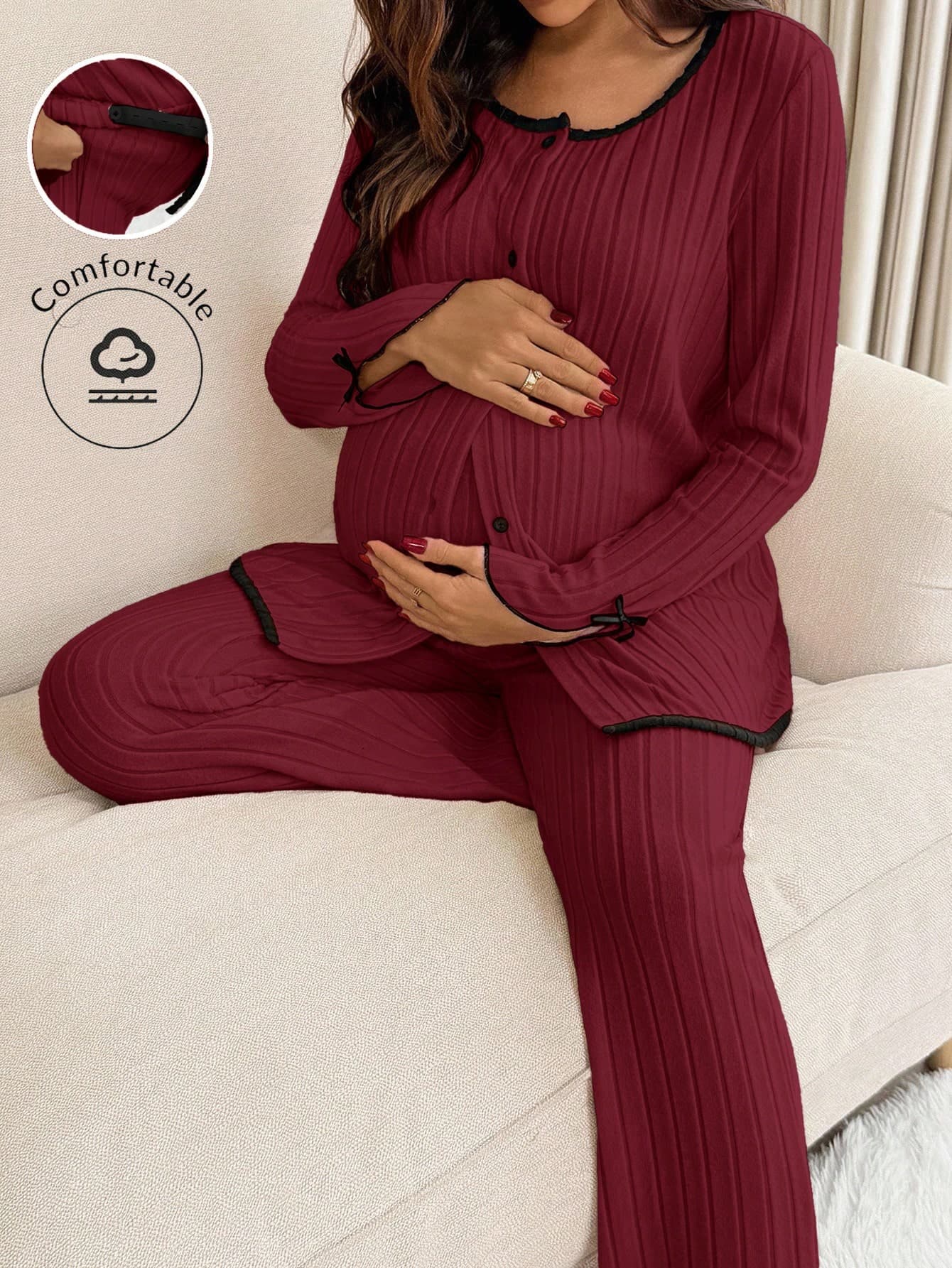 SHEIN 2pcs Maternity Single-Breasted Long Sleeve T-Shirt And Pants Casual Suit Co Ords Sets,Burgundy,Autumn,Maternity,Smart Casual,Lounge,Prom Two Pieces