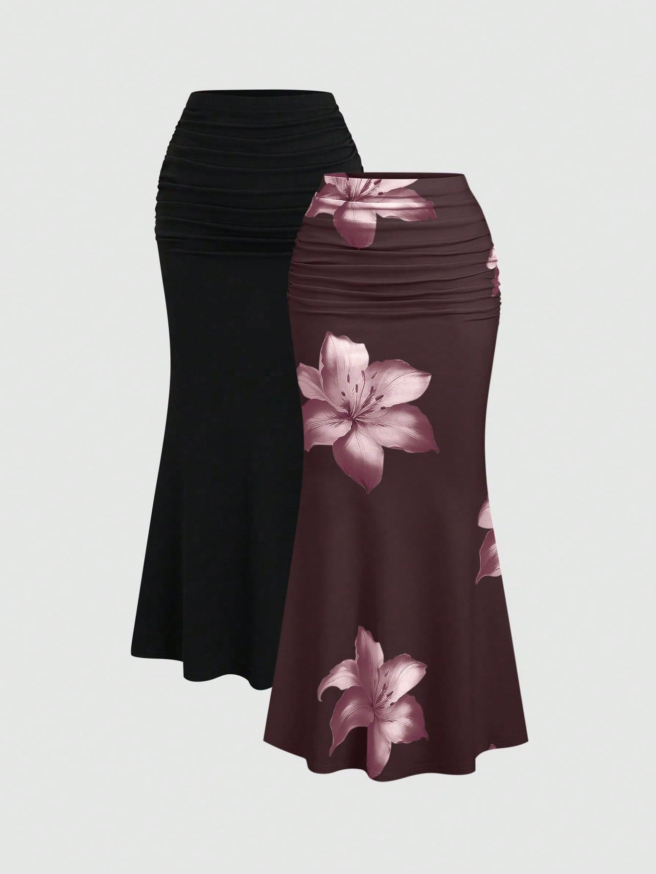 Sweetra 2pcs Women's Elegant Party Solid Color Mermaid Skirt And Floral Print Skirt Set