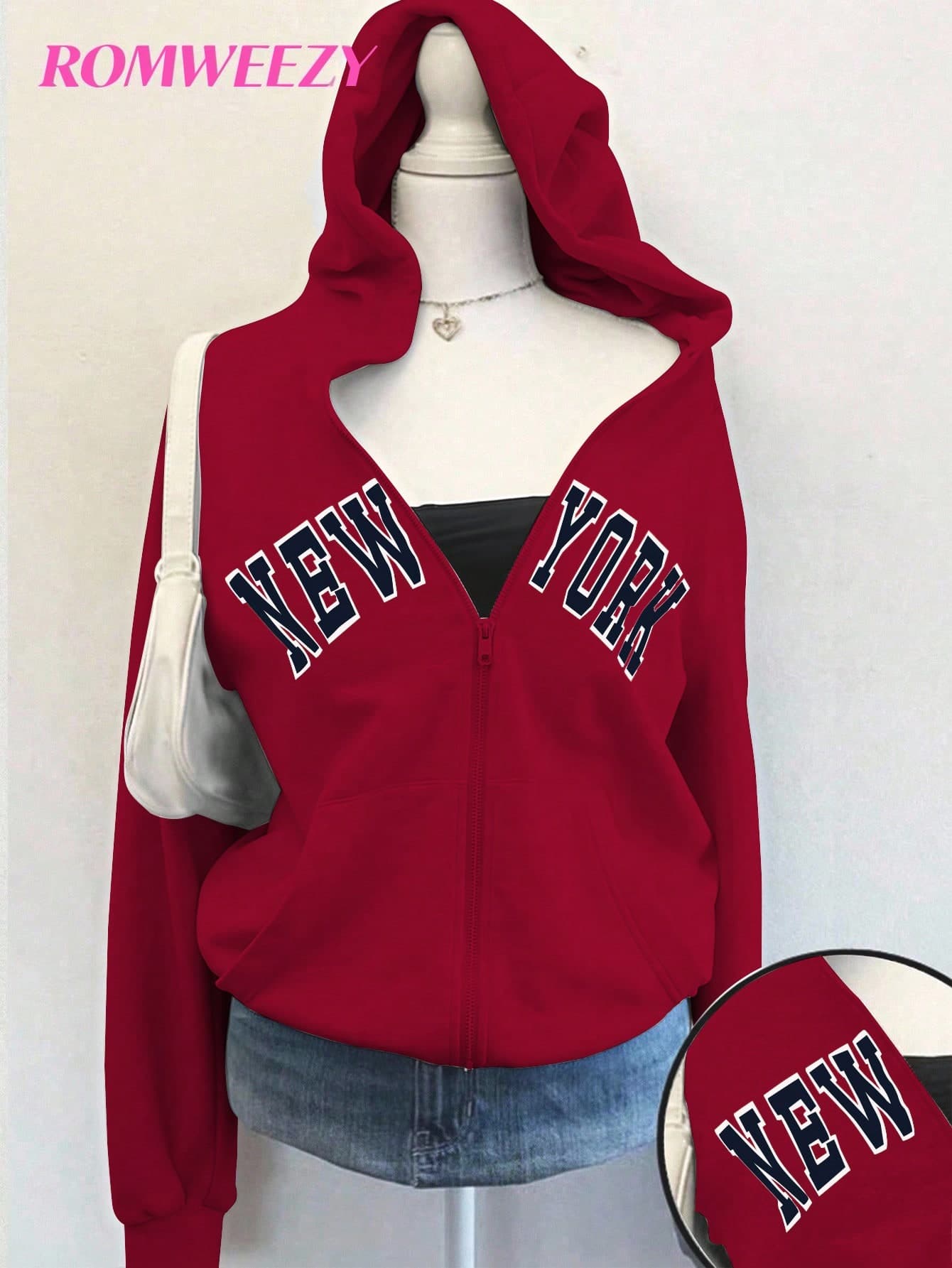 Girls' Red And White Letter Print Hooded Zip-Up Jacket,Warm Knit Oversized Streetwear For Autumn,School Back-To-School Energetic Campus Style
