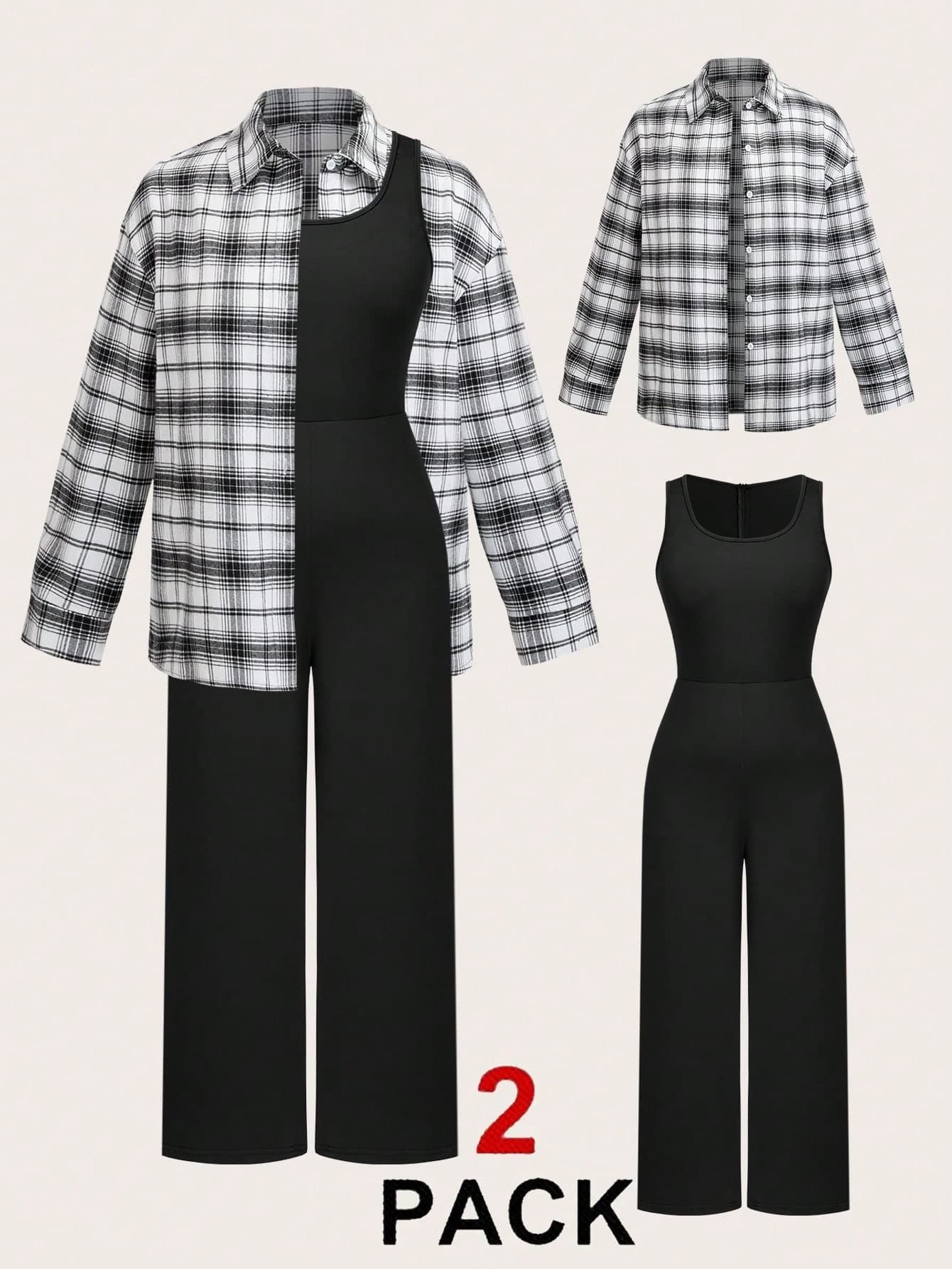 SHEIN LUNE Plus Size Casual Shapewear Jumpsuit, Plaid Long Sleeve Shirt, Versatile Commuter High-End SlimminTwo Piecesce Set For Women, Autumn/Winter
