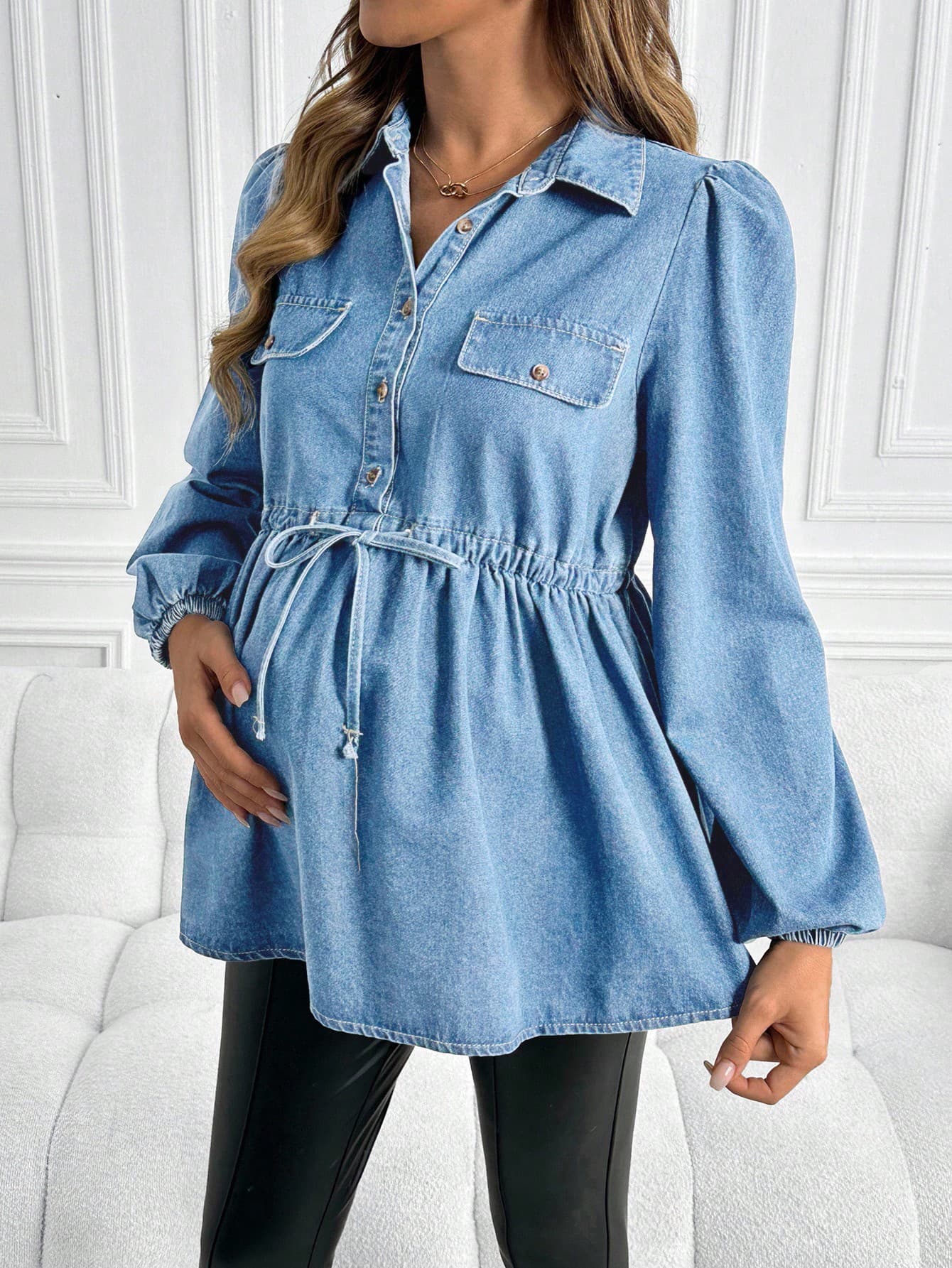 SHEIN Maternity Casual Loose Long Sleeve Blue Denim Top Fall
