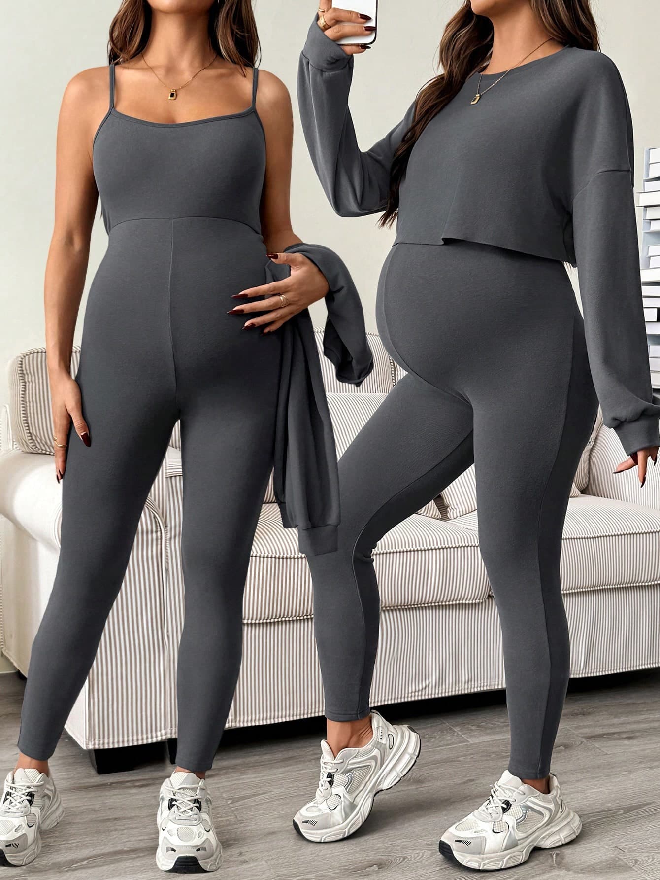 SHEIN 2pcs Maternity Casual Solid Color Camisole Jumpsuit & Top Set 2 Pieces Lounge Sets Woman Grey Clothes Two Suits Fall