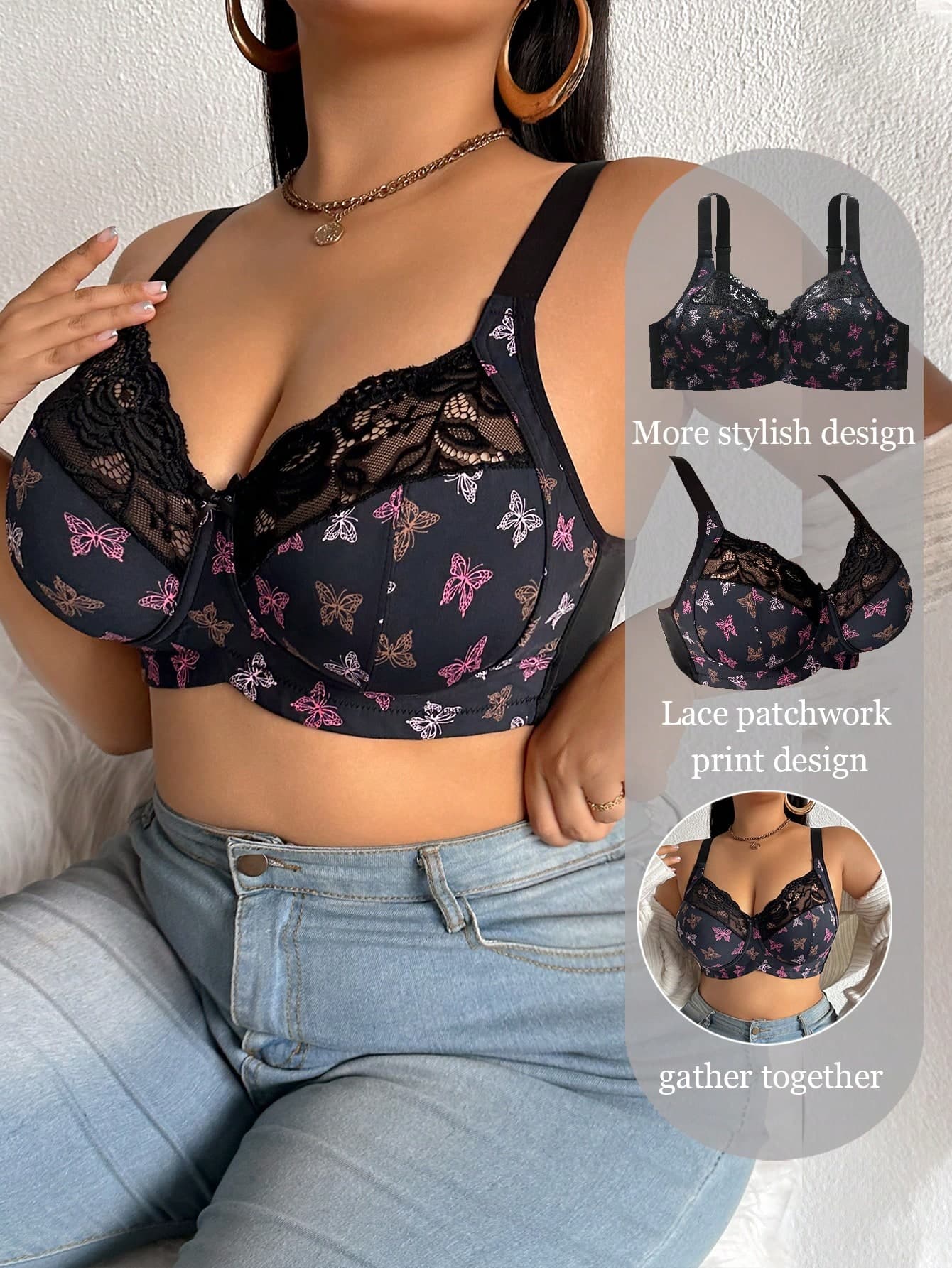 DesireSculpt 1pc Plus Size Lace Patchwork Wireless Bra