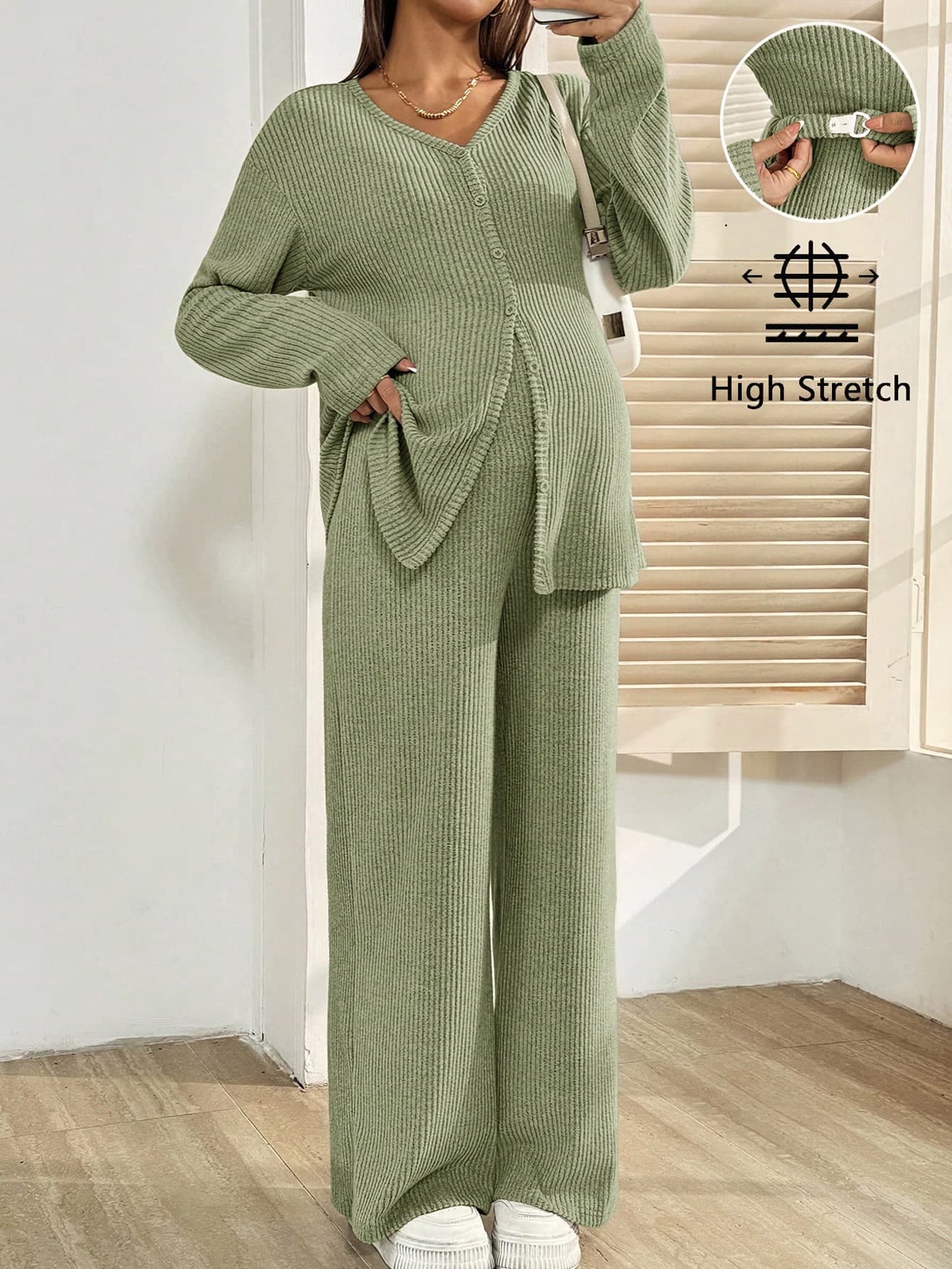 SHEIN 2pcs Maternity Set: Solid Color Long Sleeve Single-Breasted Cardigan And Adjustable Waist Pants, Casual Fall