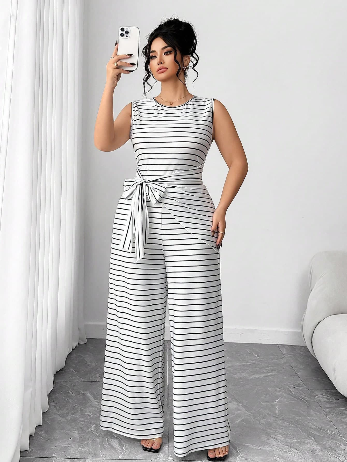 Elenzga Plus Size Crew Neck Sleeveless Striped Loose Jumpsuit,Women's Summer Two Piece Set,Black And White,Elegant,Smart Casual,Everyday Casual Jumpsuit