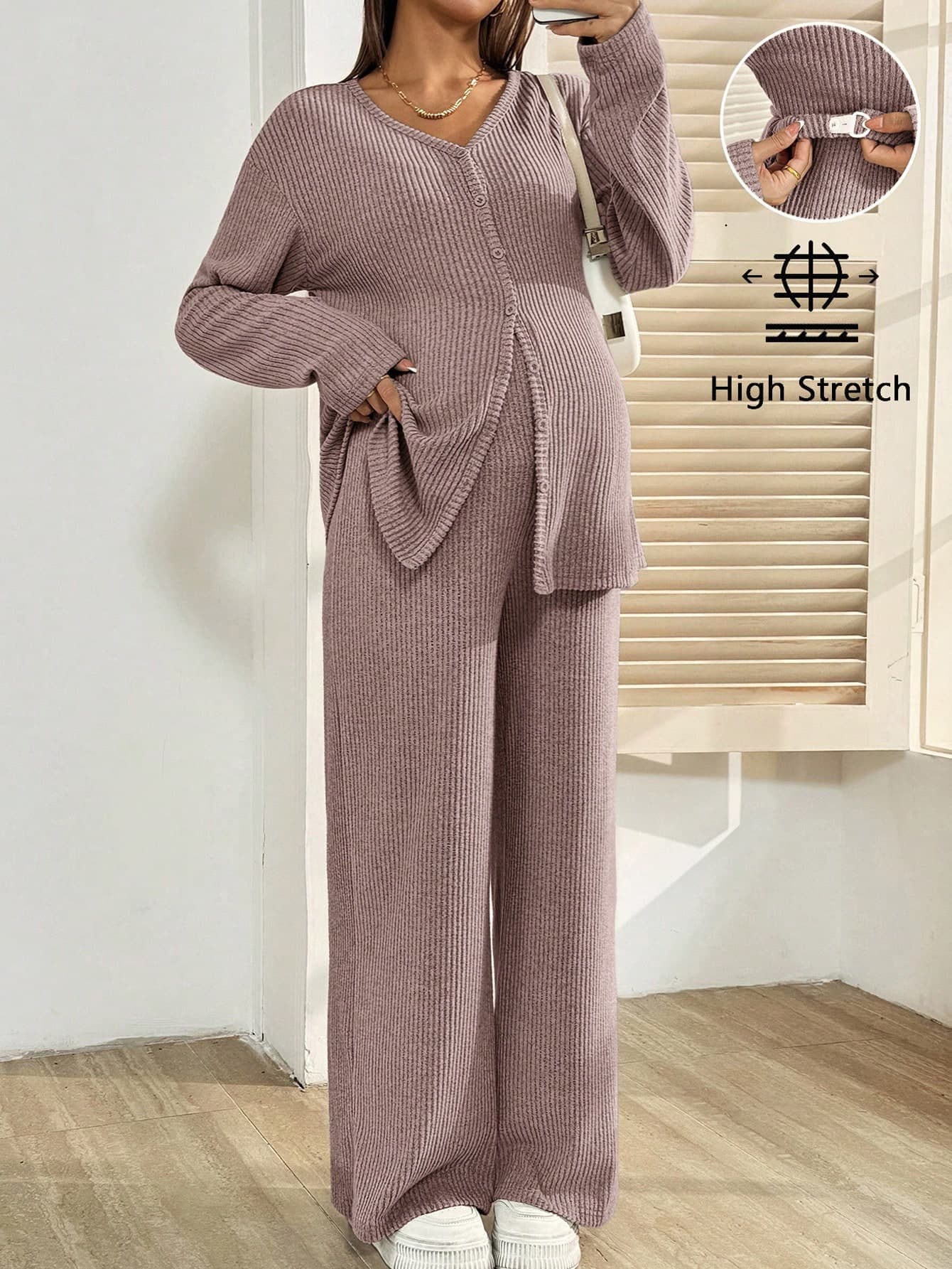 SHEIN 2pcs Maternity Casual Solid Color Top And Pants Set Two Piece Women Comfy Modest Suits Sets For Comfortable Fall