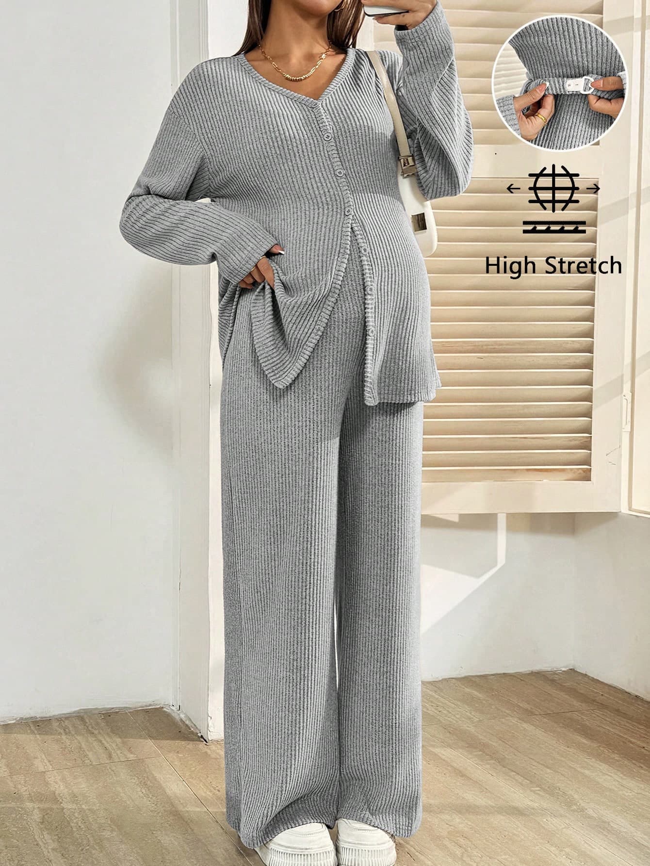 SHEIN 2pcs Maternity Set: Solid Color Drop Shoulder Long Sleeve Button-Up Top And Adjustable Waist Pants, Casual