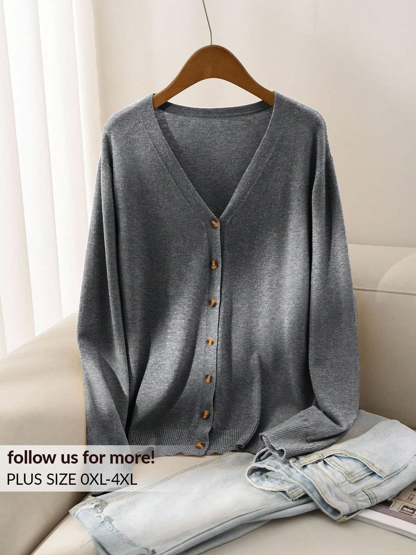 CosyJoli Plus Size Women Solid Color Long Sleeve Single-Breasted Casual Knit Cardigan, Autumn Gray Top Grey Tops For Women/Winter