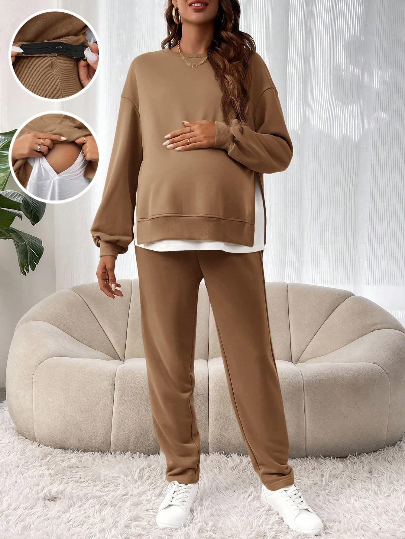 SHEIN 2pcs Maternity Casual Colorblock Patchwork Nursing Sweatshirt And Pants Set, Autumn Two Piece Women Comfy 2 Lounge Sets Woman Brown Comfortable Fall