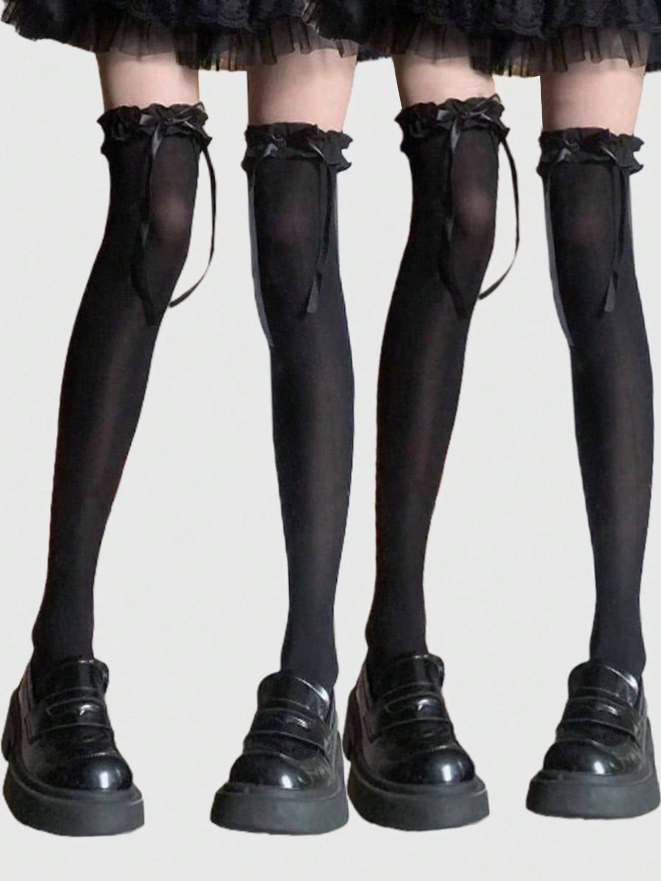 ROMWE Kawaii 2 Pairs Black Lace Bow Trim Over-The-Knee Stockings