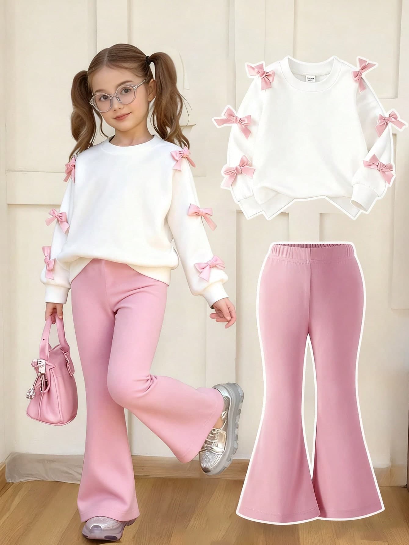 SHEIN Elladie kids 2pcs/Set Girls' Sweet & Cool 3D Bow Decor White Top + Fuchsia Flare Pants Outfit,Fashionable Pink Bows,Summer,School,Back-To-School Stylish Outings
