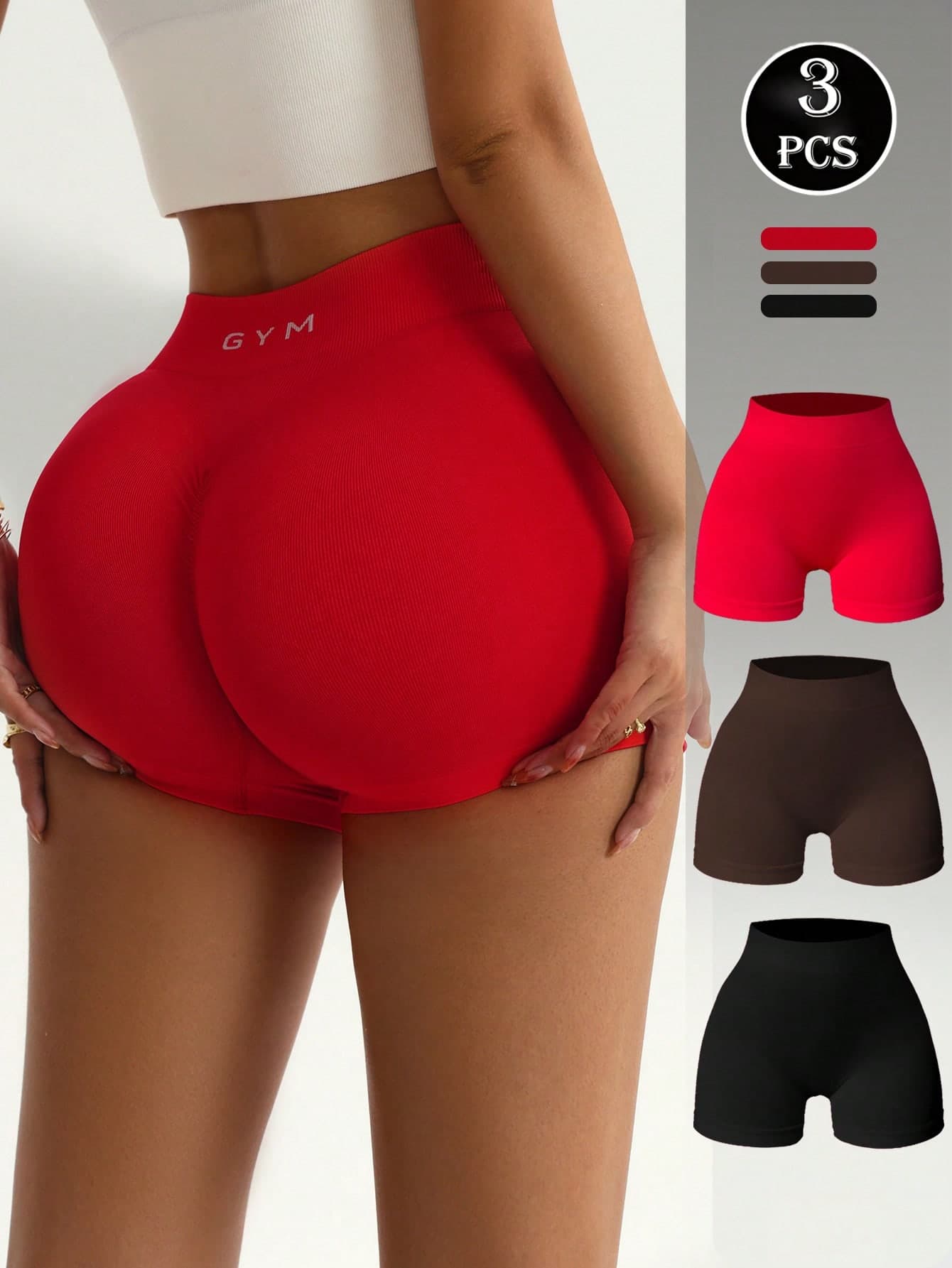Velisys Velisys 3pcs/Set Seamless Knit Elastic Waist Sports Shorts, Black/Red/Khaki, Comfortable For Yoga, Fitness, Outdoor Activities Spandex Gym Women High