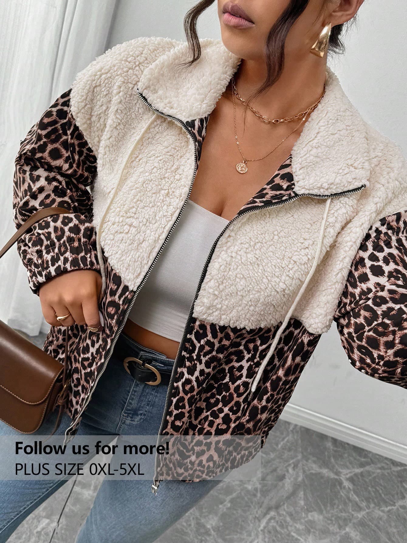 Firerie Plus Size Women Fabric Patchwork Design Leopard Print Loose Casual Fashionable Jacket Winter Fall Autumn Fall/Winter