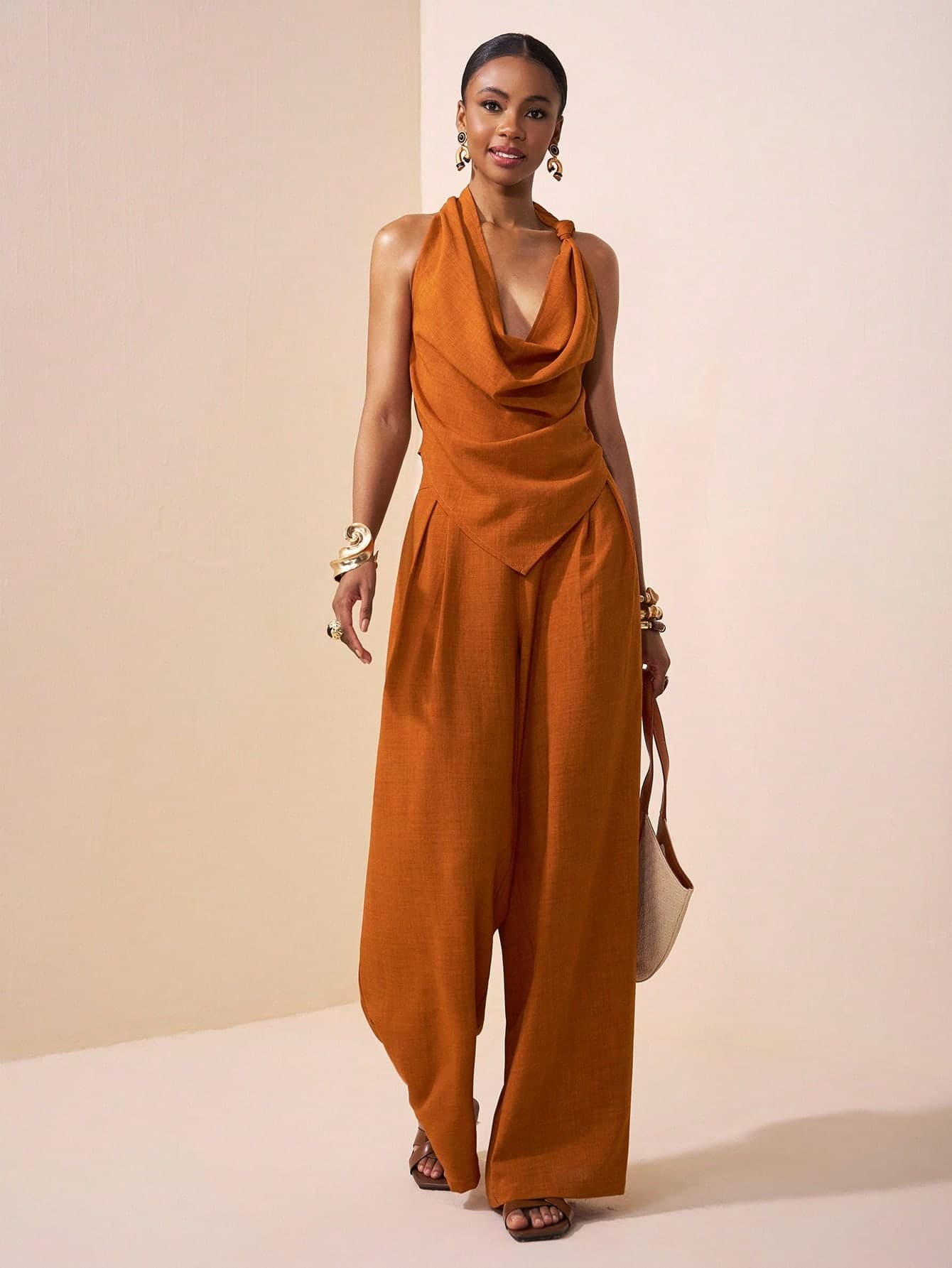 Veslaya Rust Orange Summer Elegant Vacation Wedding Evening Ninang Women Halter Jumpsuit Burnt Orange Jumpsuits For Women Music Festival Easter Daily Wear