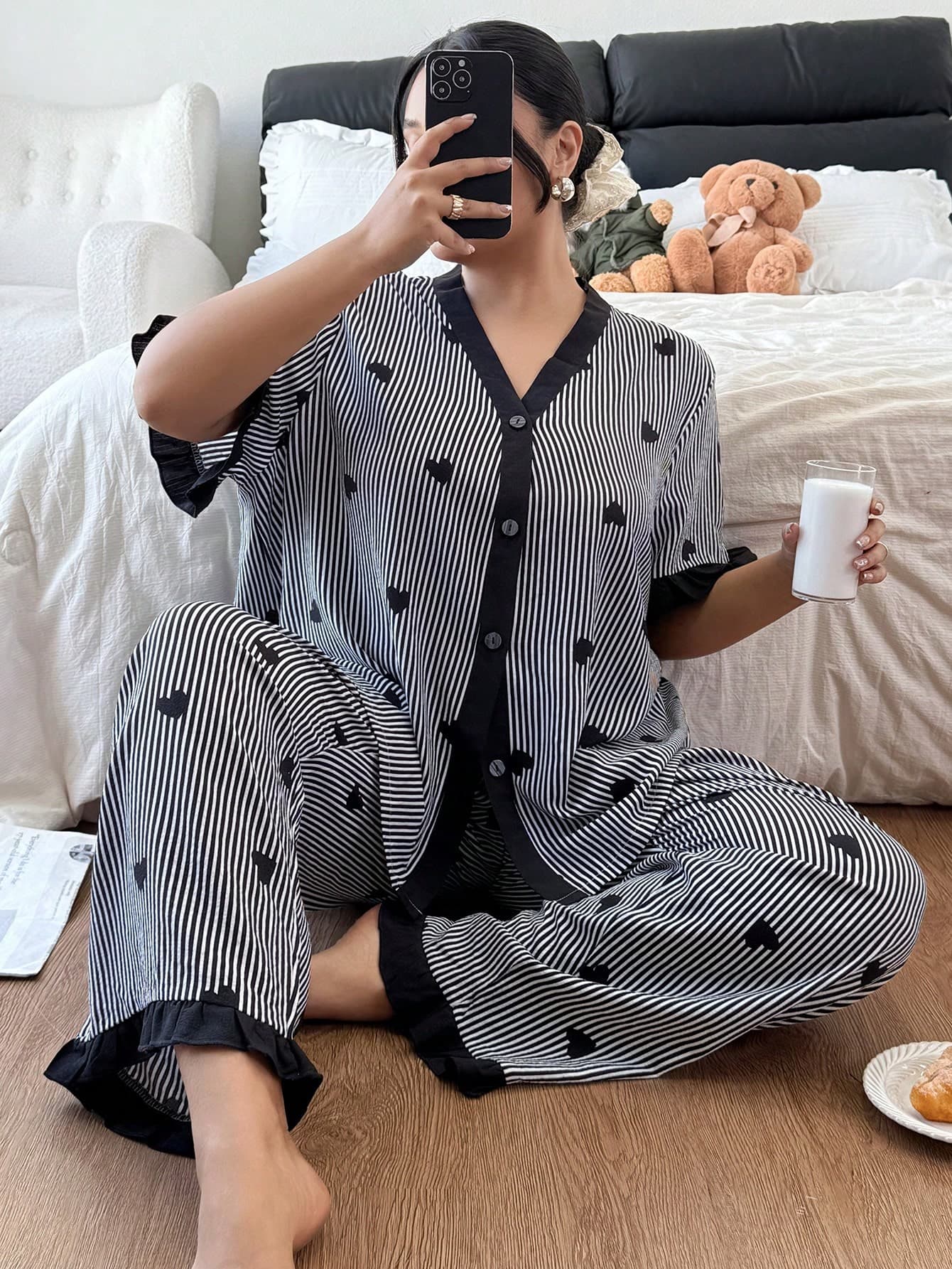 Napfluff CURVE Napfluff CURVE Striped Heart Print Color Block Plus Size Pajama Set