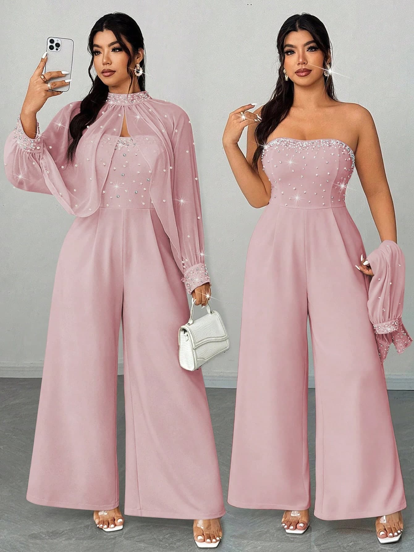Elenzga Plus Size Women Elegant Wedding Ninang Dusty Pink Chiffon Beaded & Rhinestone StCollar Long Sleeve Top & Wide Leg Jumpsuit 2 Pieces Set,Fall Winter