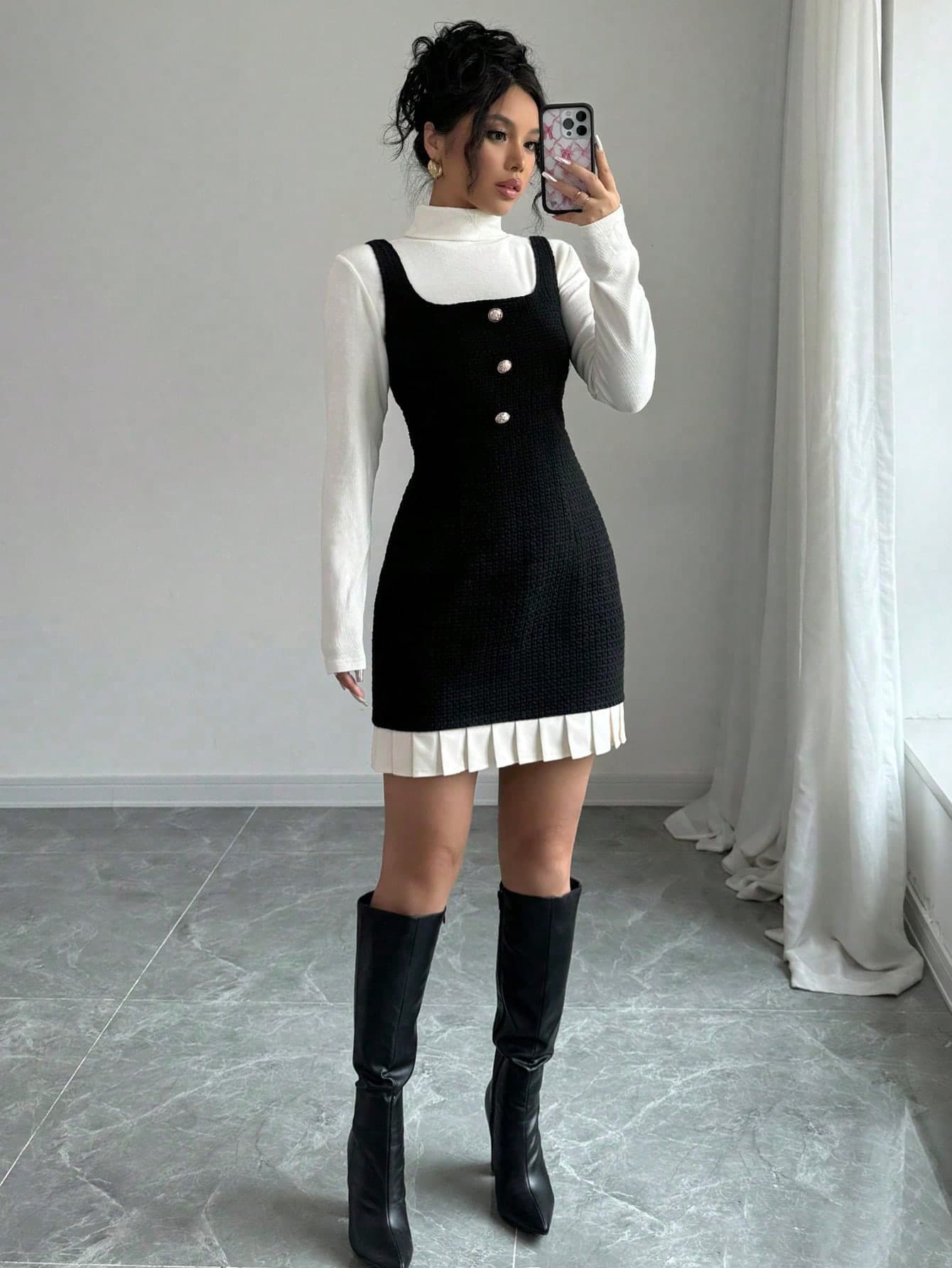 Selianne Women's Black And White Patchwork Wide Strap Front Button Casual Dress