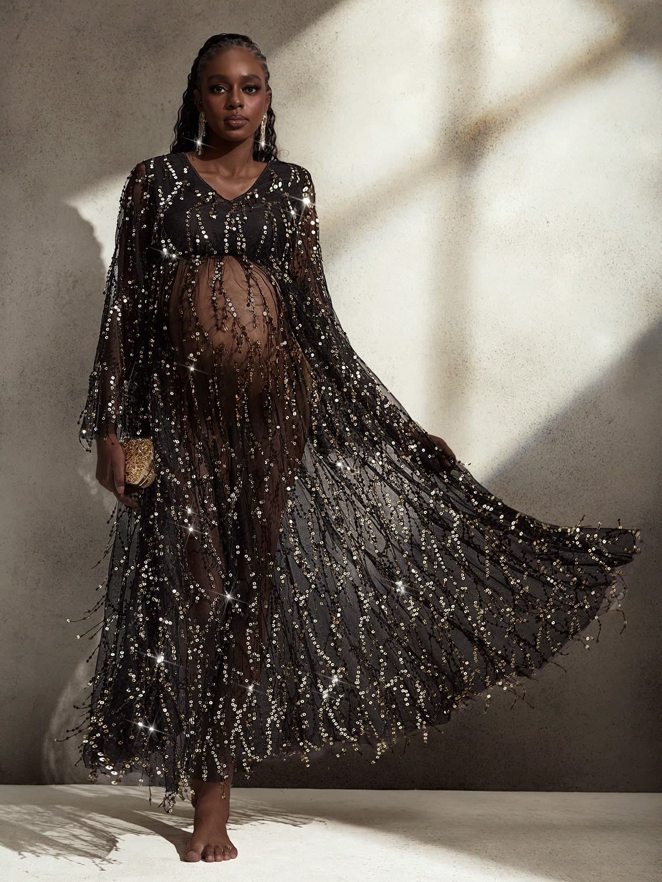 Cheriluna Maternity Maternity Dress Long Sleeve Luxurious Glitter Sequin Decorated Mesh Dress, Elegant Maternity Photoshoot Dress, Fashion Design
