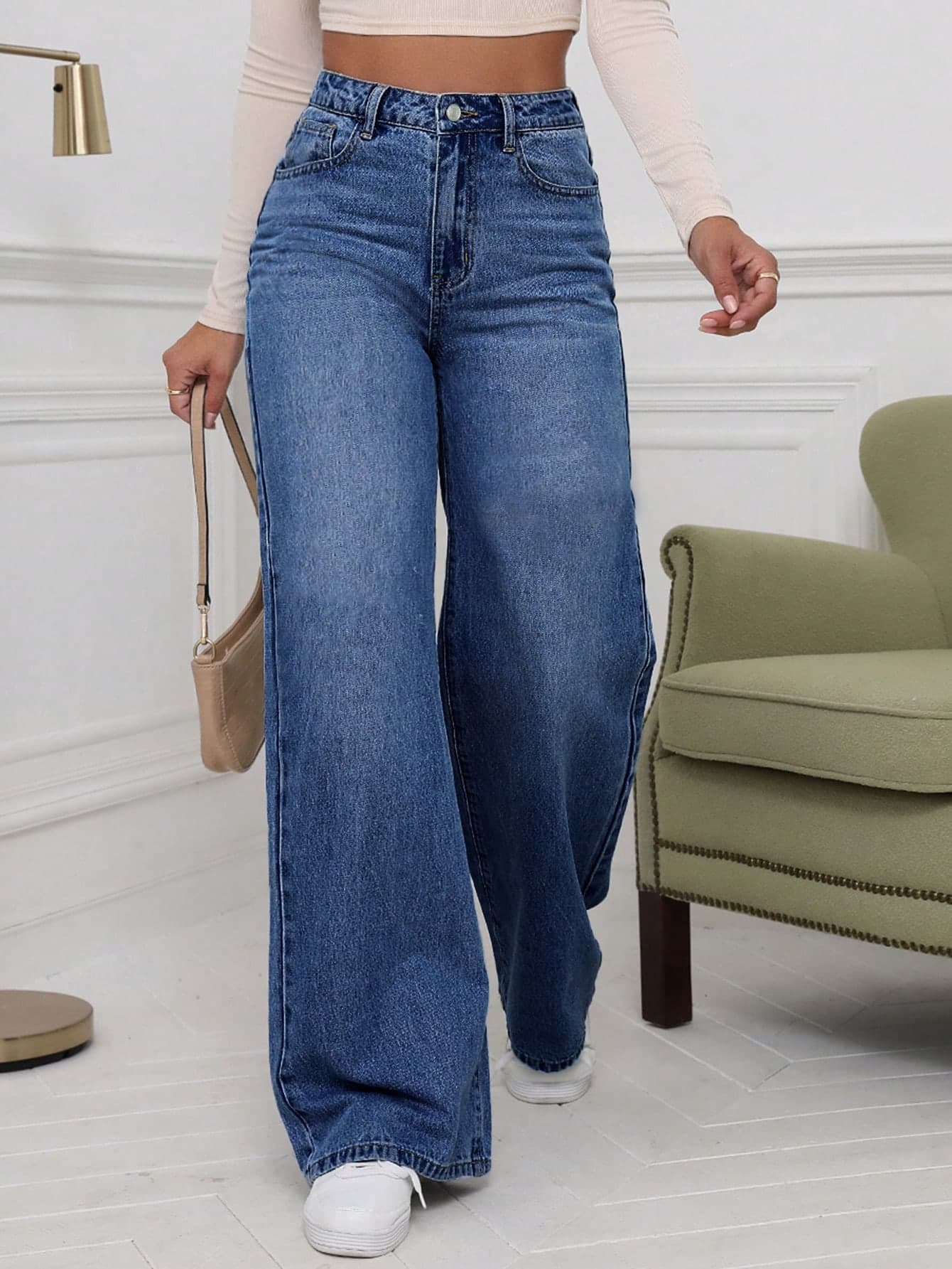 SHEIN Privé Women's Solid Color Loose Wide Leg Denim Pants