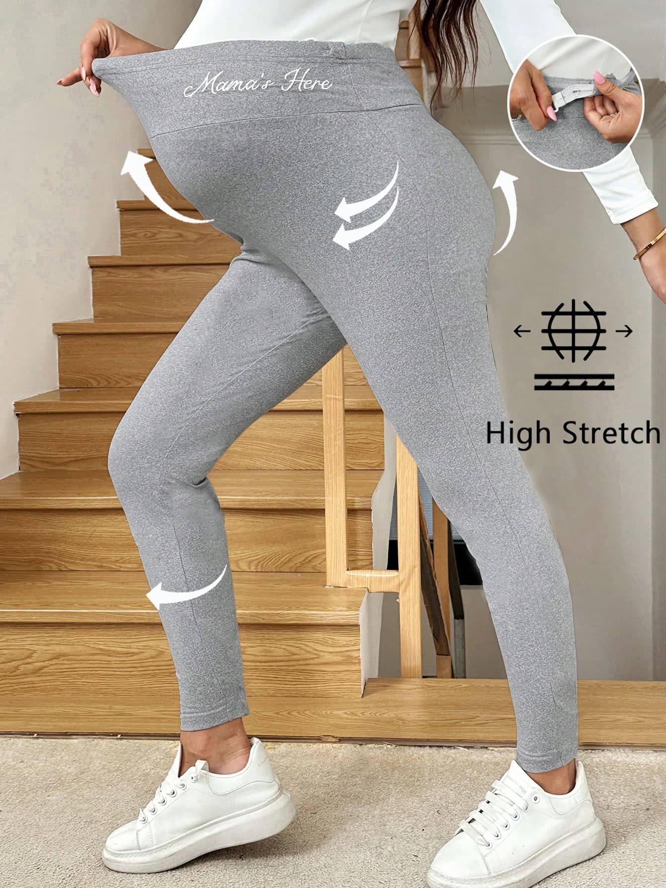 SHEIN Maternity Letter Embroidered Adjustable Waist Casual Leggings,Plain Grey Summer Joggers,Coming Home Comfy Plus Size High Stretch Sweatpants For Women