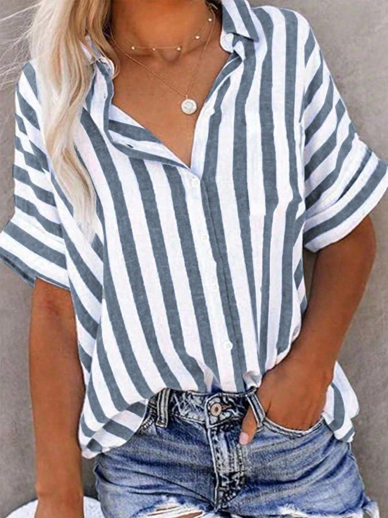 SHEIN Fiorisel Women's Stripe Short Sleeve Single-Breasted Casual Loose Striped Shirt, Summer