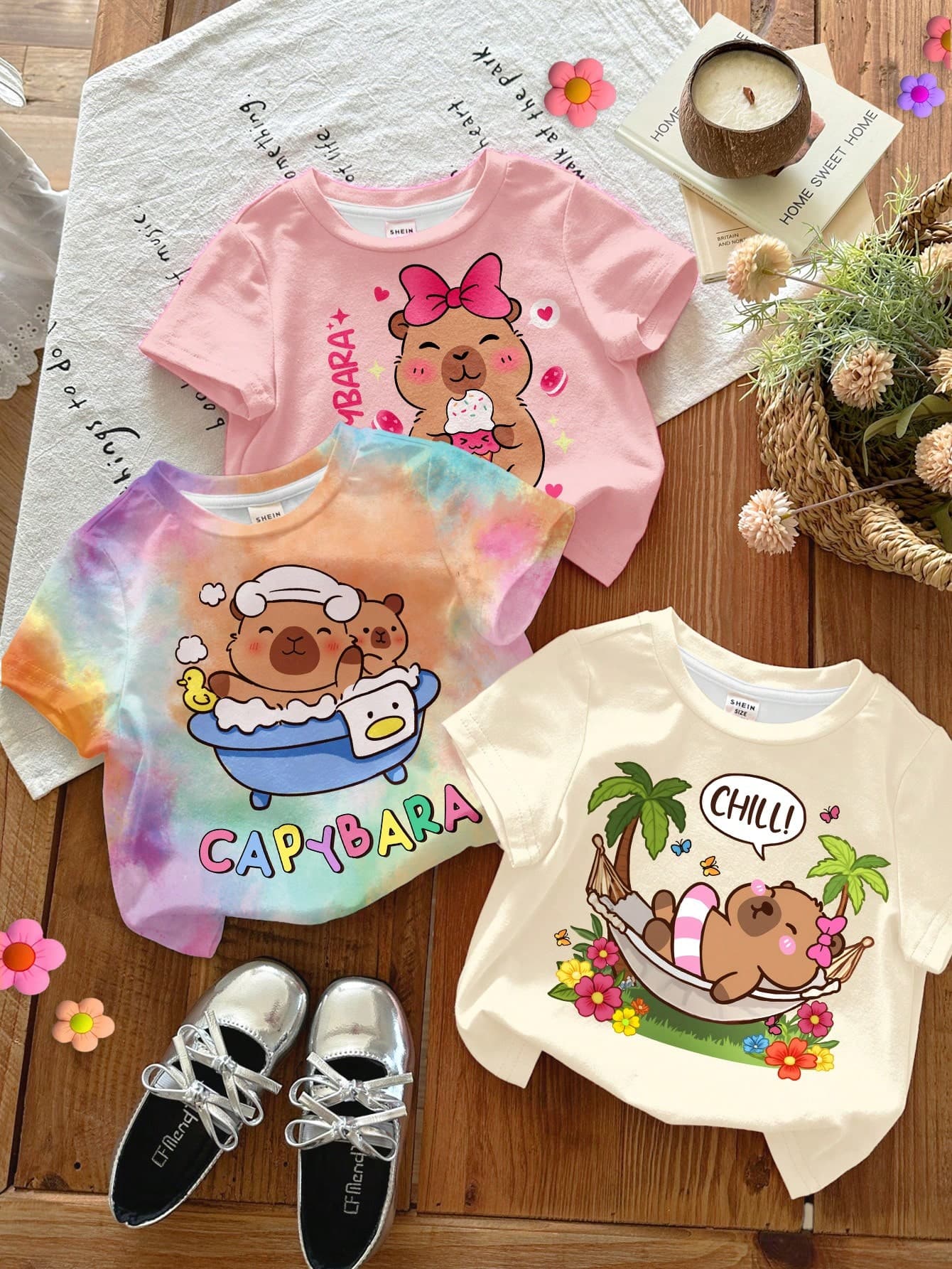 SHEIN 3pcs/Set Cute Capybara Series Young Girl Casual Crew Neck Short Sleeve T-Shirts,Kids Cartoon Animal Graphic,Pink,Summer,Family Matching,Dopamine Style