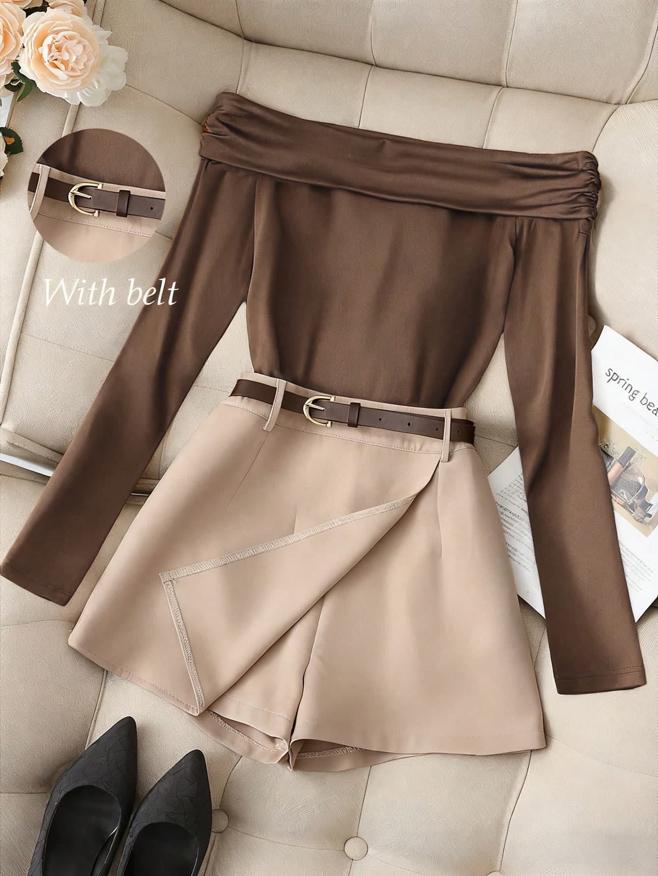 Franclia Women Elegant 2-Piece Suit Set,One-Shoulder Ruched Long Sleeve Top&Khaki Skirt With Belt,All Shades Of Brown,Autumn,Dates,Casual Chic Commute Outfit